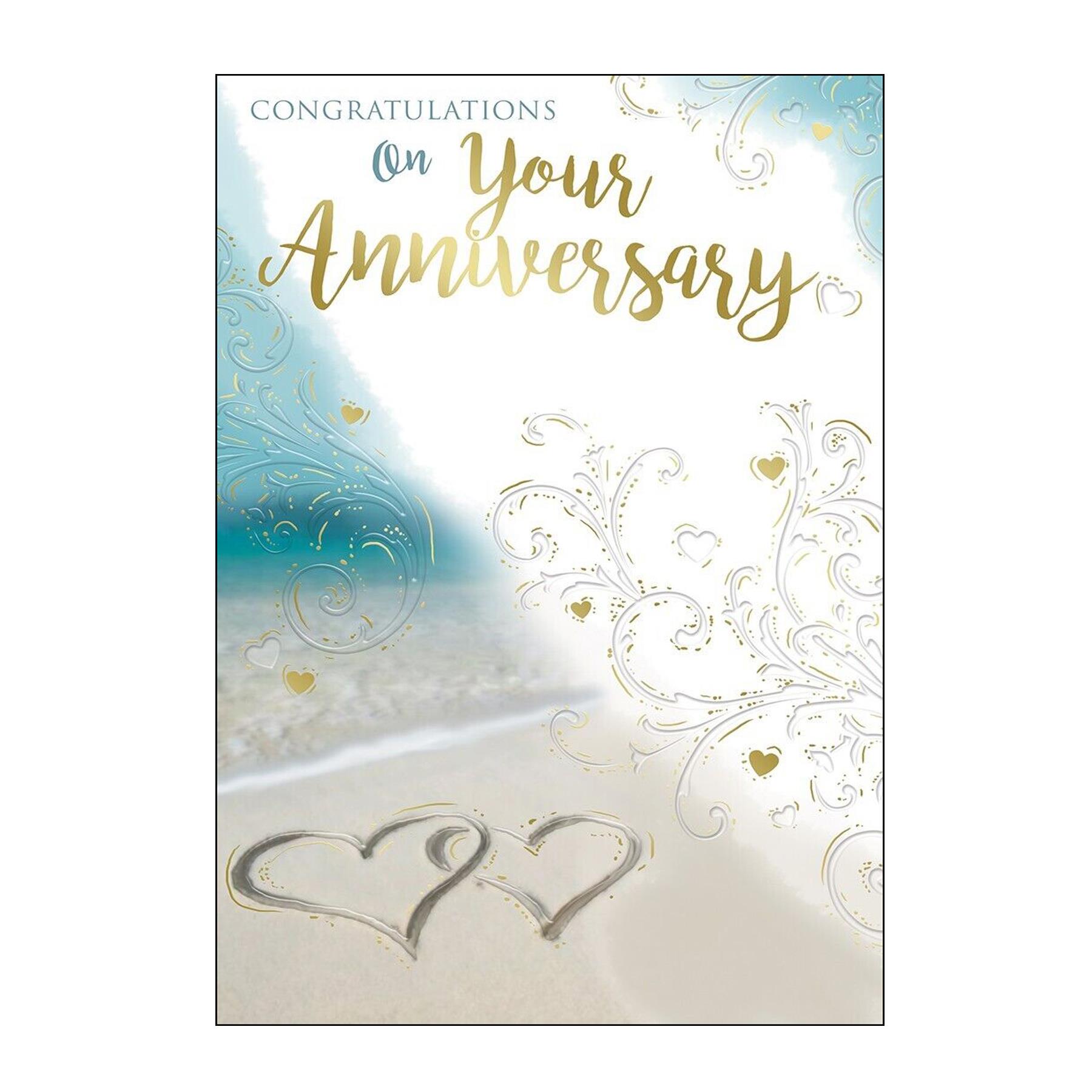 On Your Anniversary Card with Foil Detail, Hearts in the Sand and White Envelope