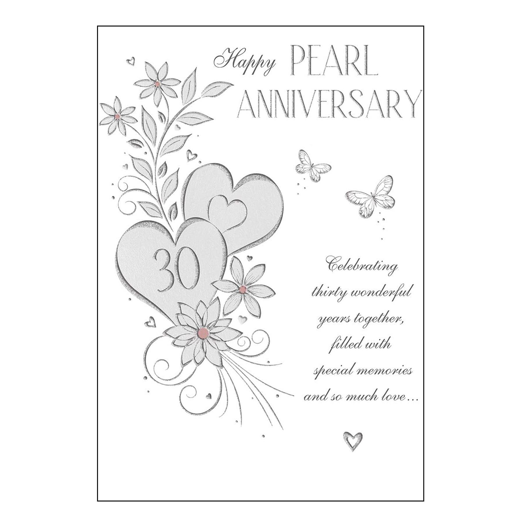 Happy Pearl Anniversary Card with Foil Detail, Hearts, Butterflies and White Envelope