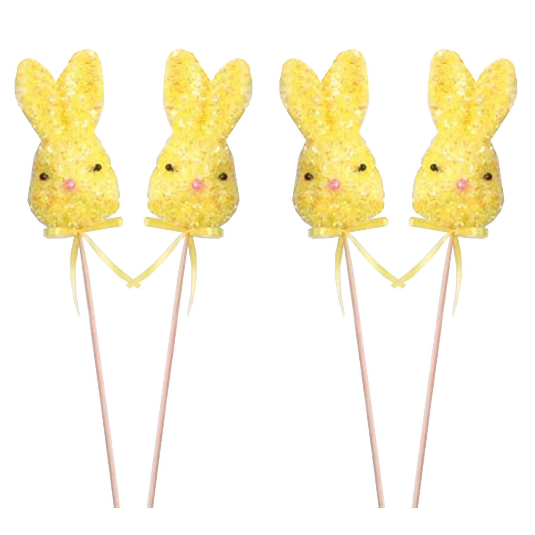Easter Decorations, Garden Picks, Egg Hunt - 4 x Yellow Bunny Head Picks
