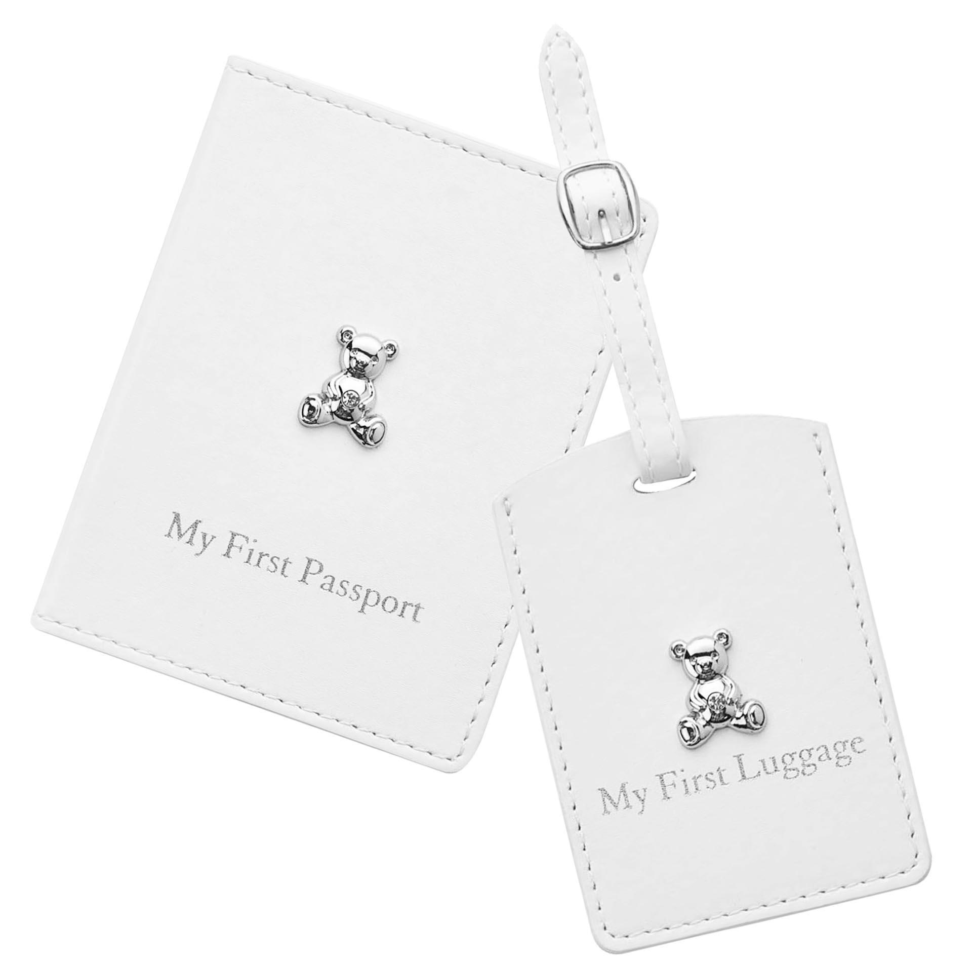 Baby's My First Passport Cover and Luggage Tag Set - White / Teddy Bear