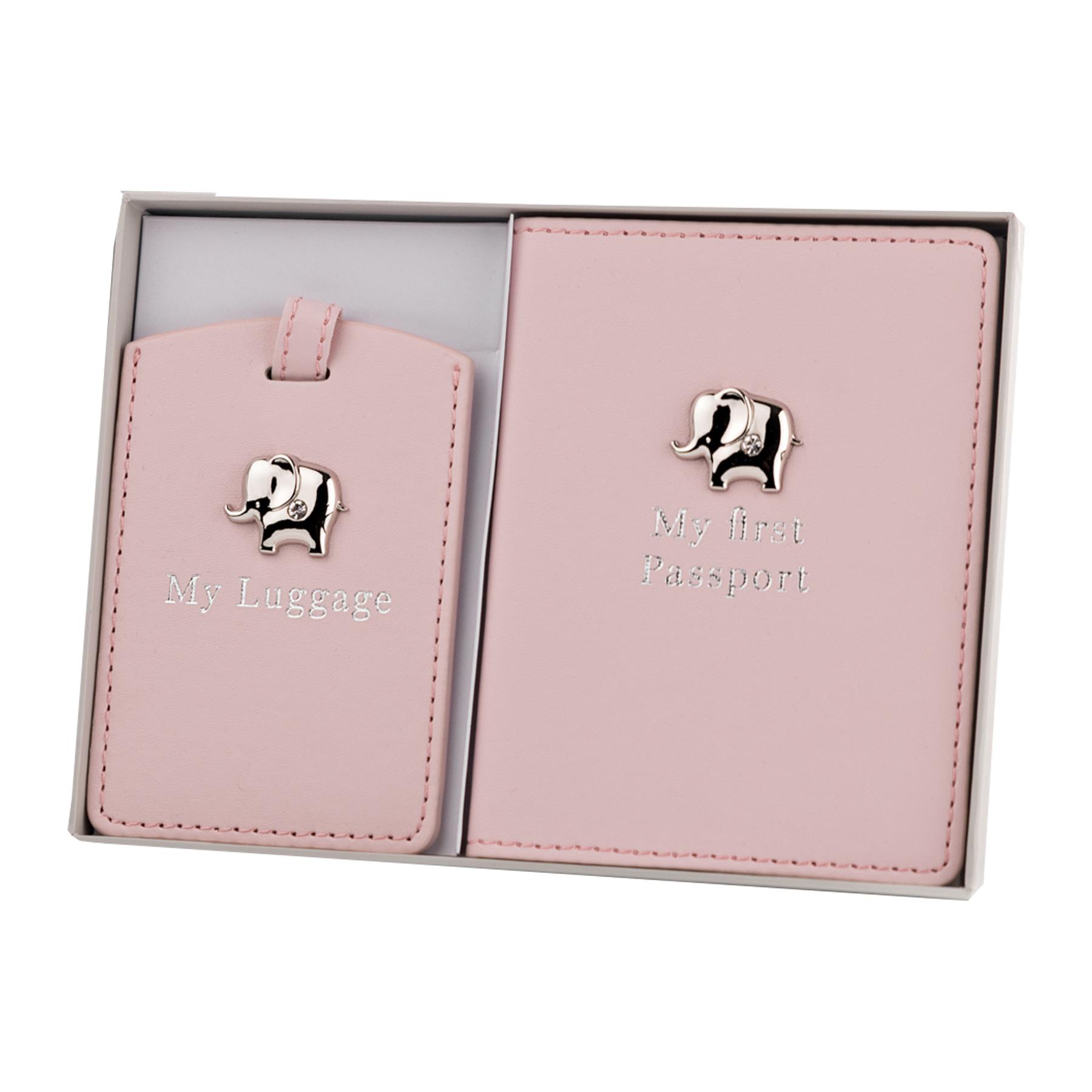 Baby's My First Passport Cover and Luggage Tag Set - Pink / Elephant