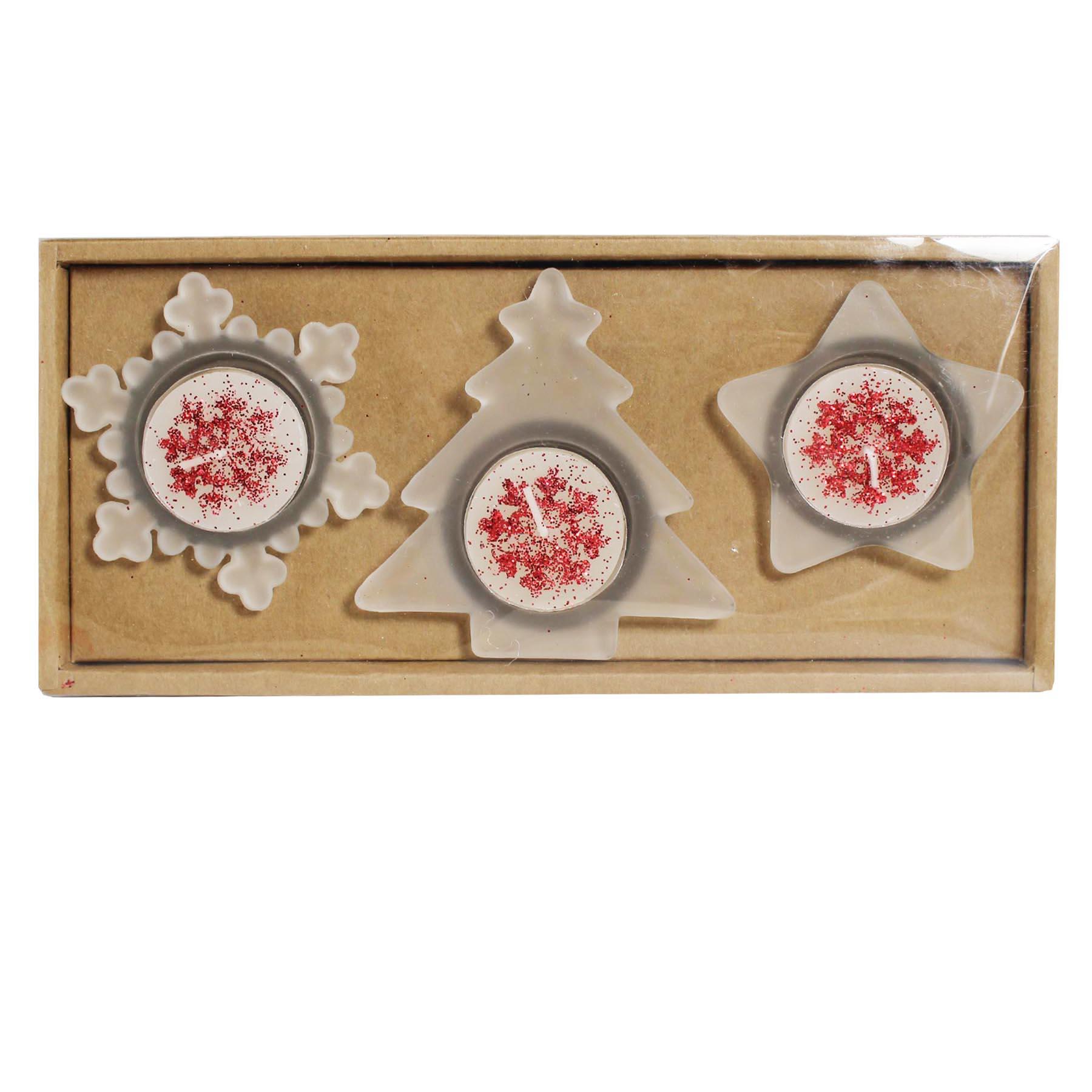Christmas Tealight Candles and Holder Set - Tree Star and Snowflake - Red