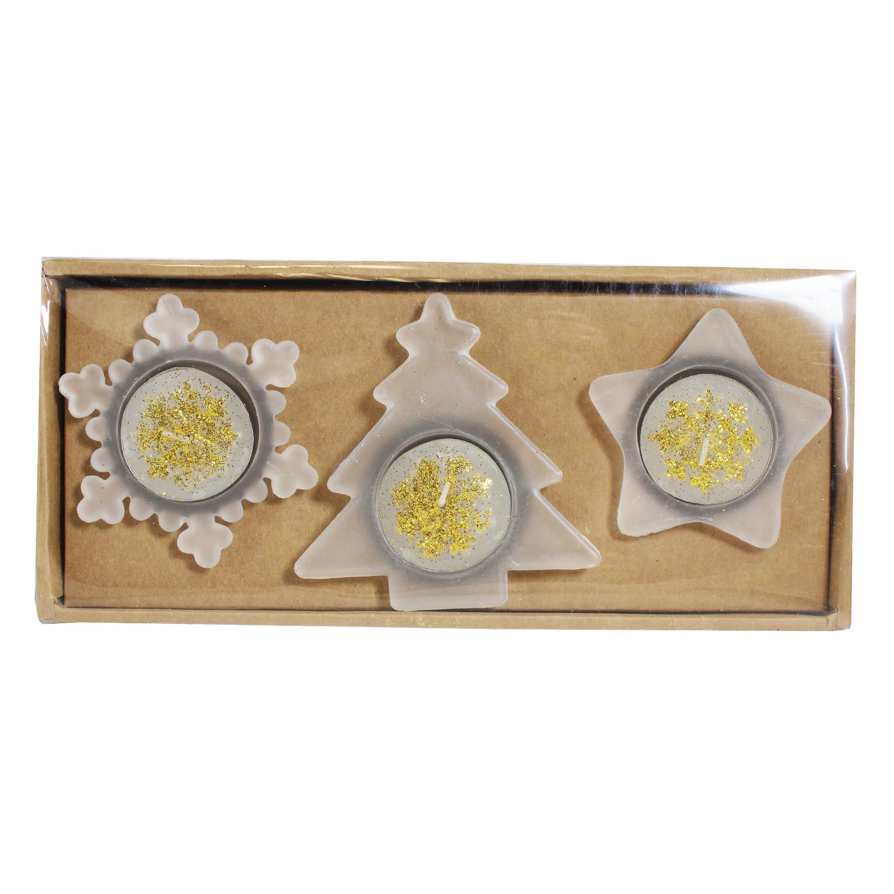 Christmas Tealight Candles and Holder Set - Tree Star and Snowflake - Gold