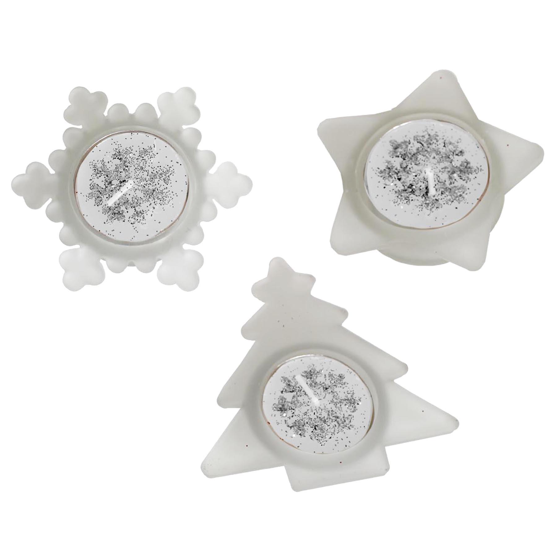 Christmas Tealight Candles and Holder Set - Tree Star and Snowflake - Silver