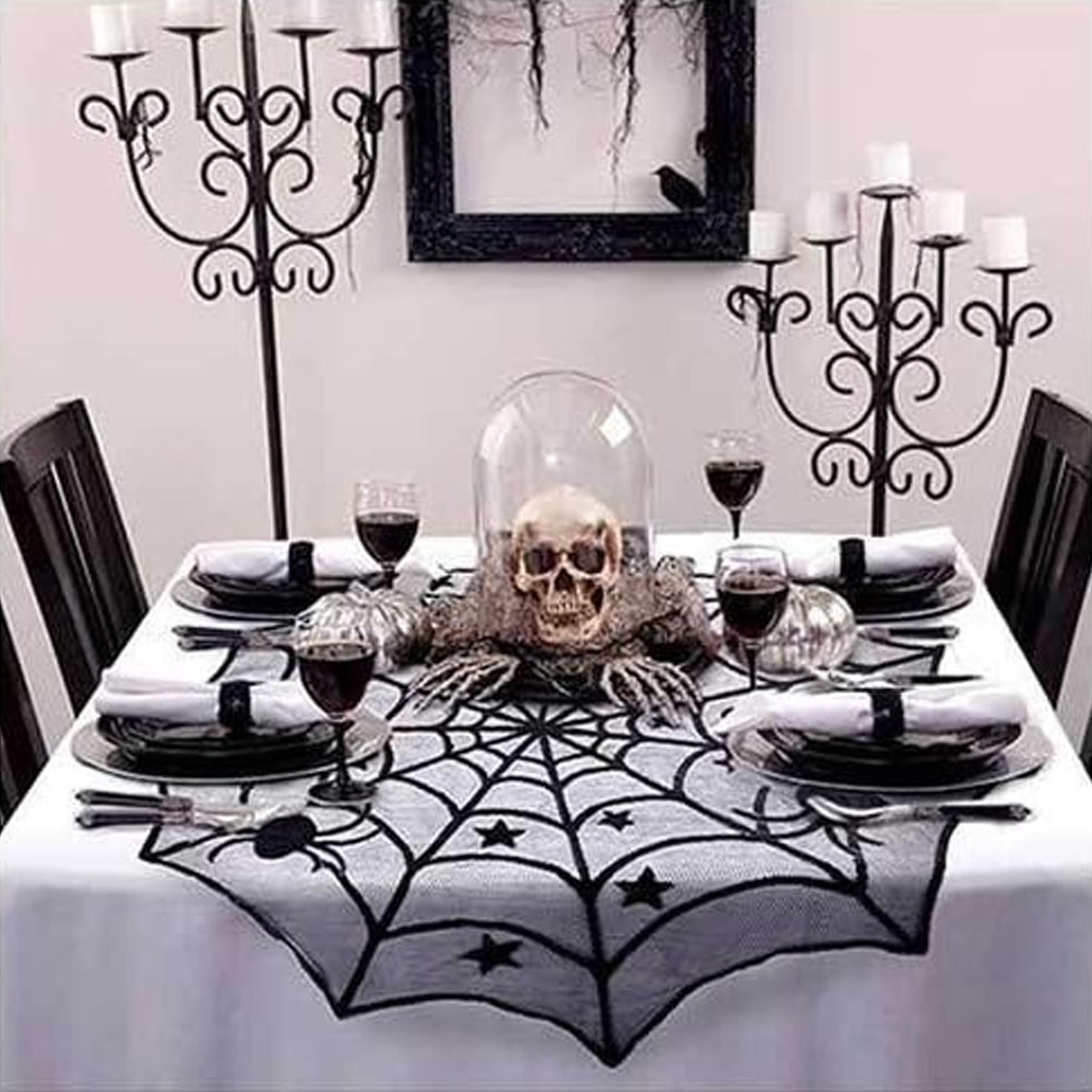 Halloween 100cm Spider Web Lace Tablecloth Black Round Topper Party Decoration
