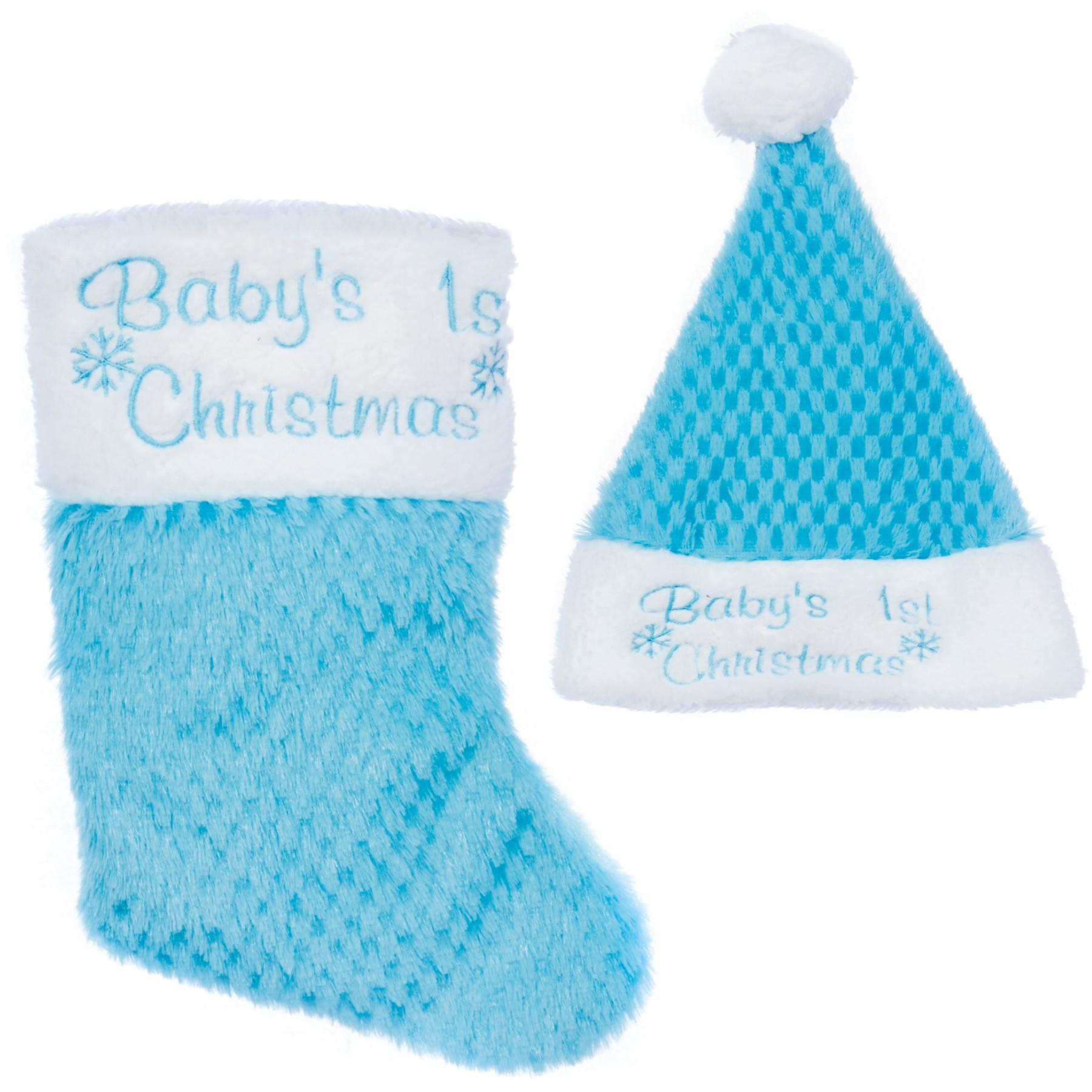 Baby's 1st Christmas Blue Hat and Stocking Set