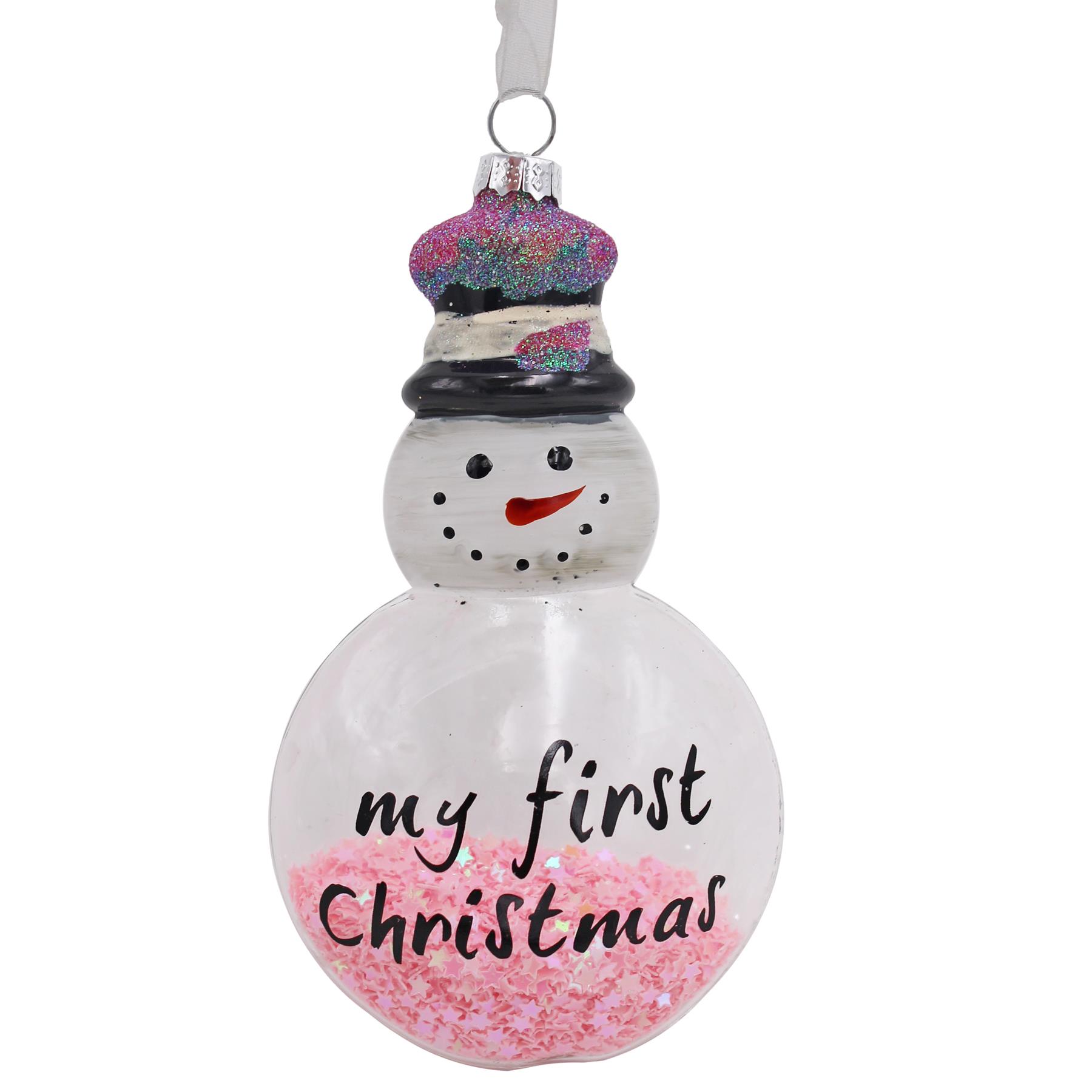 Baby's First Christmas Pink Snowman Glass Bauble with Stars
