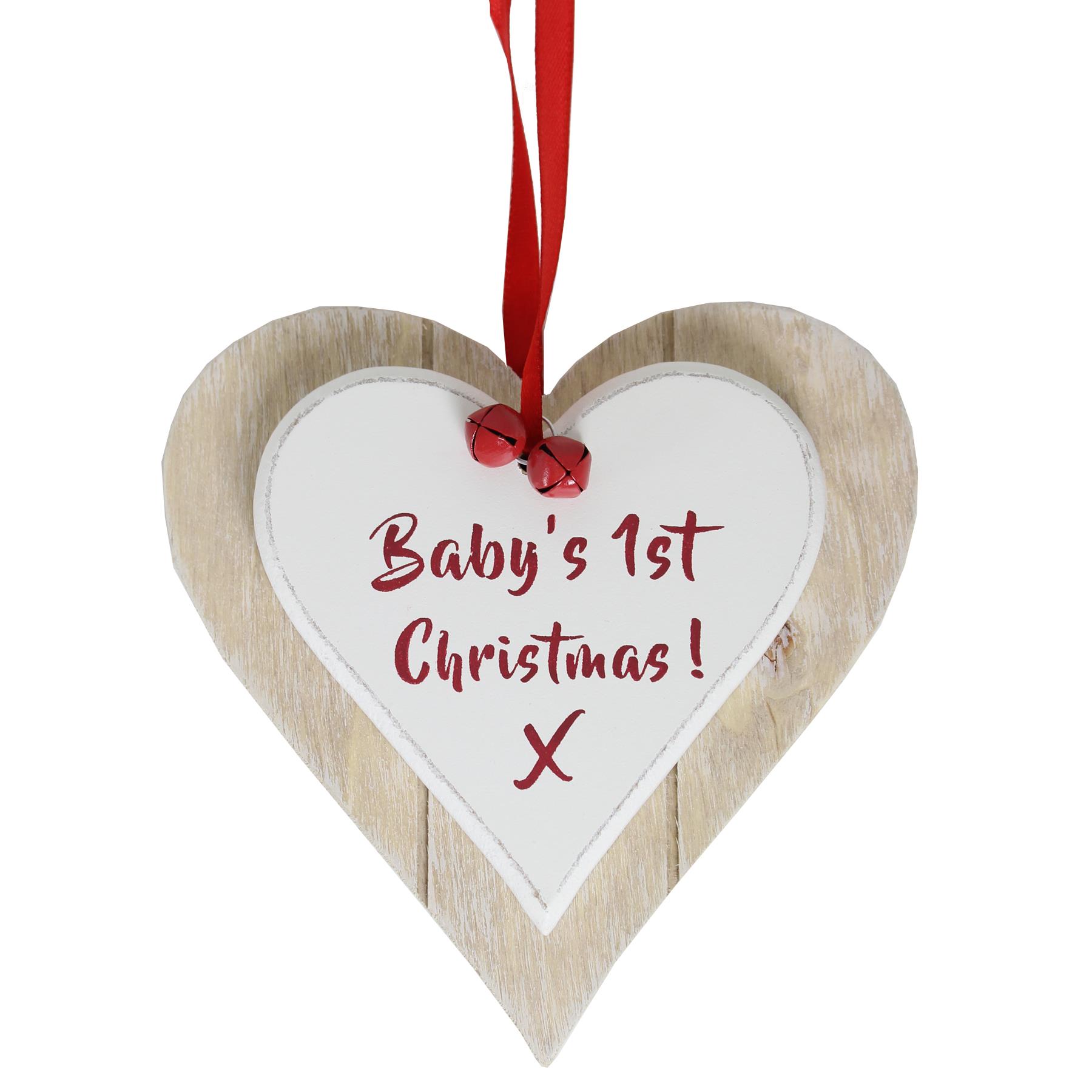Double Layer Wooden Hanging Shabby Chic Heart Plaque - Baby's 1st Christmas