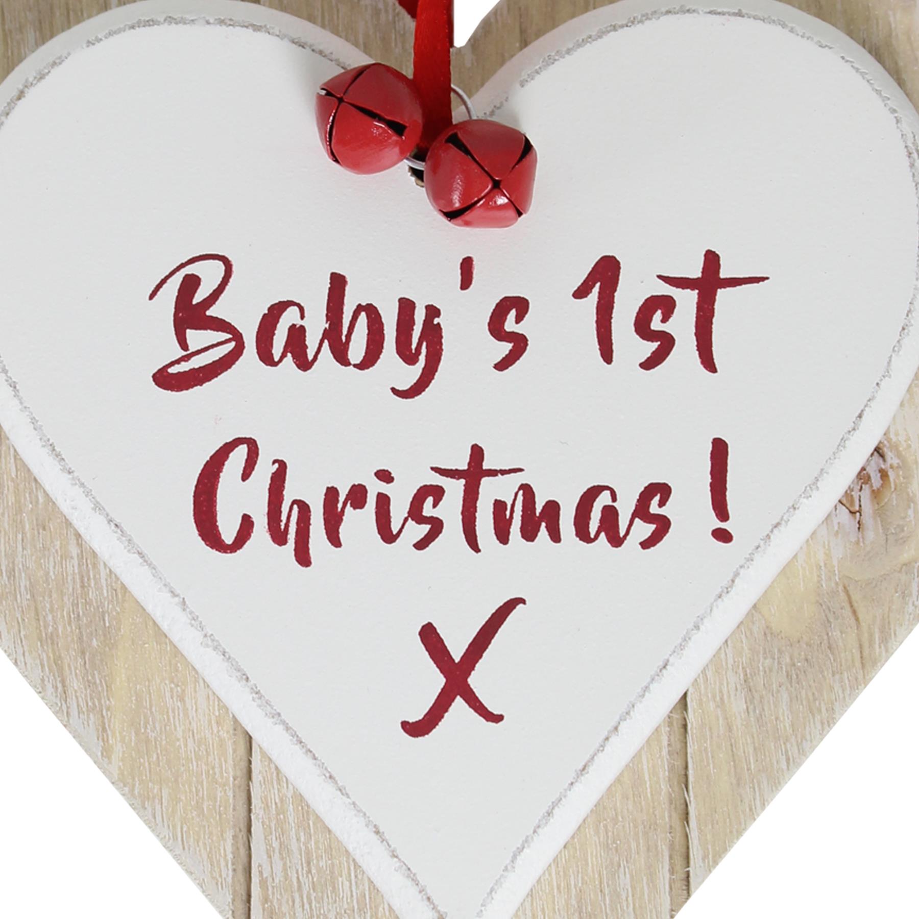 Double Layer Wooden Hanging Shabby Chic Heart Plaque - Baby's 1st Christmas