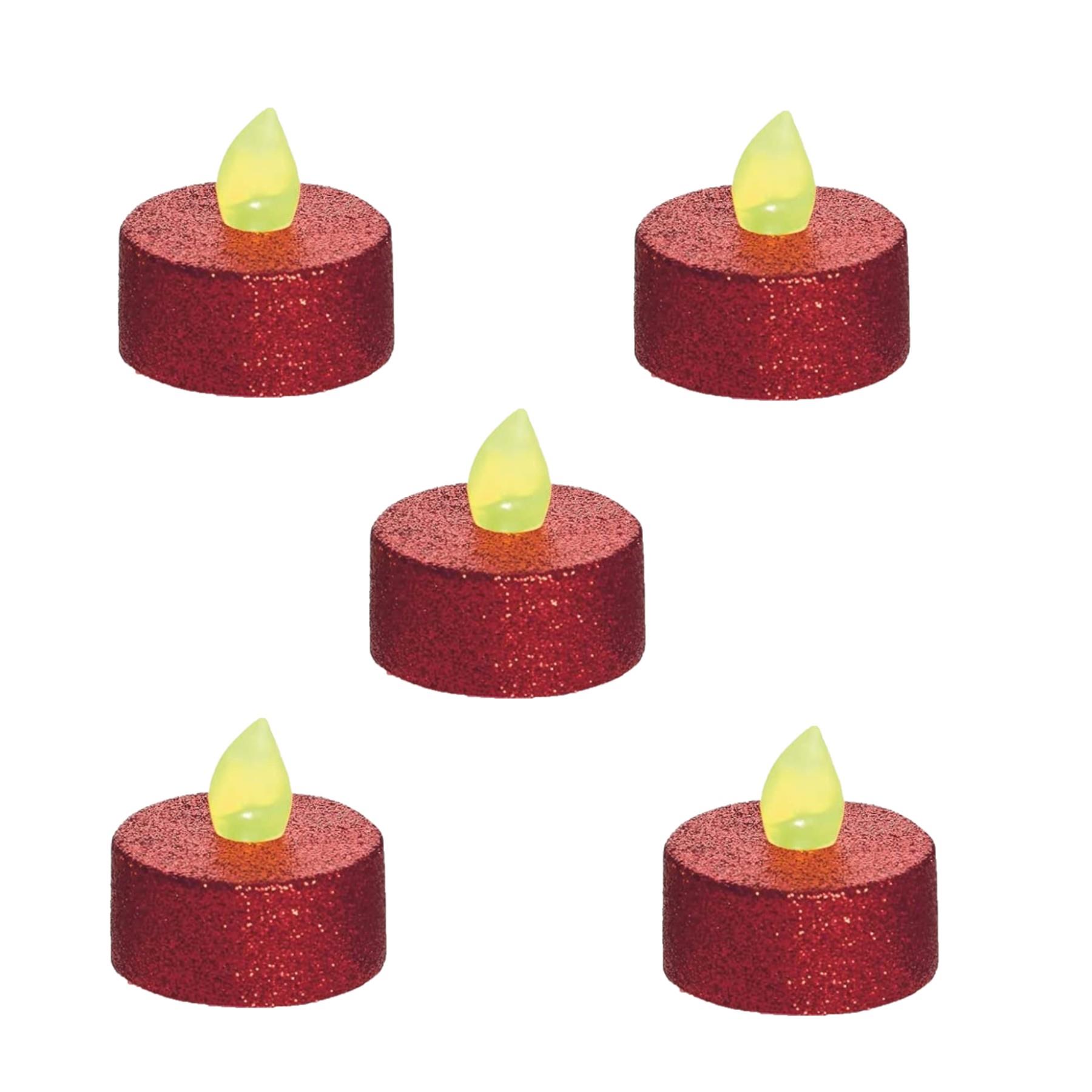 Flickering LED Glitter Tea Lights Pack of 5 - Red