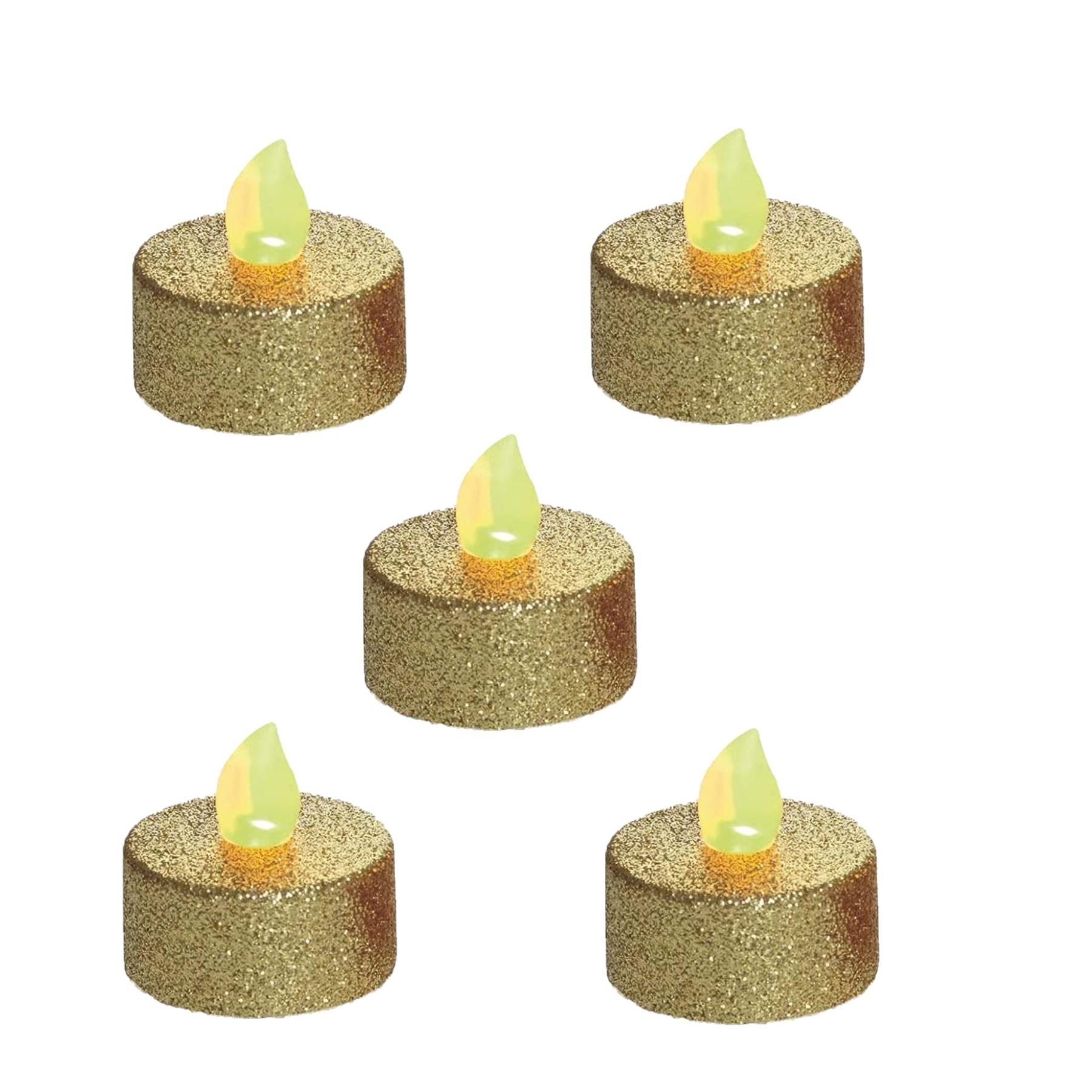 Flickering LED Glitter Tea Lights Pack of 5 - Gold