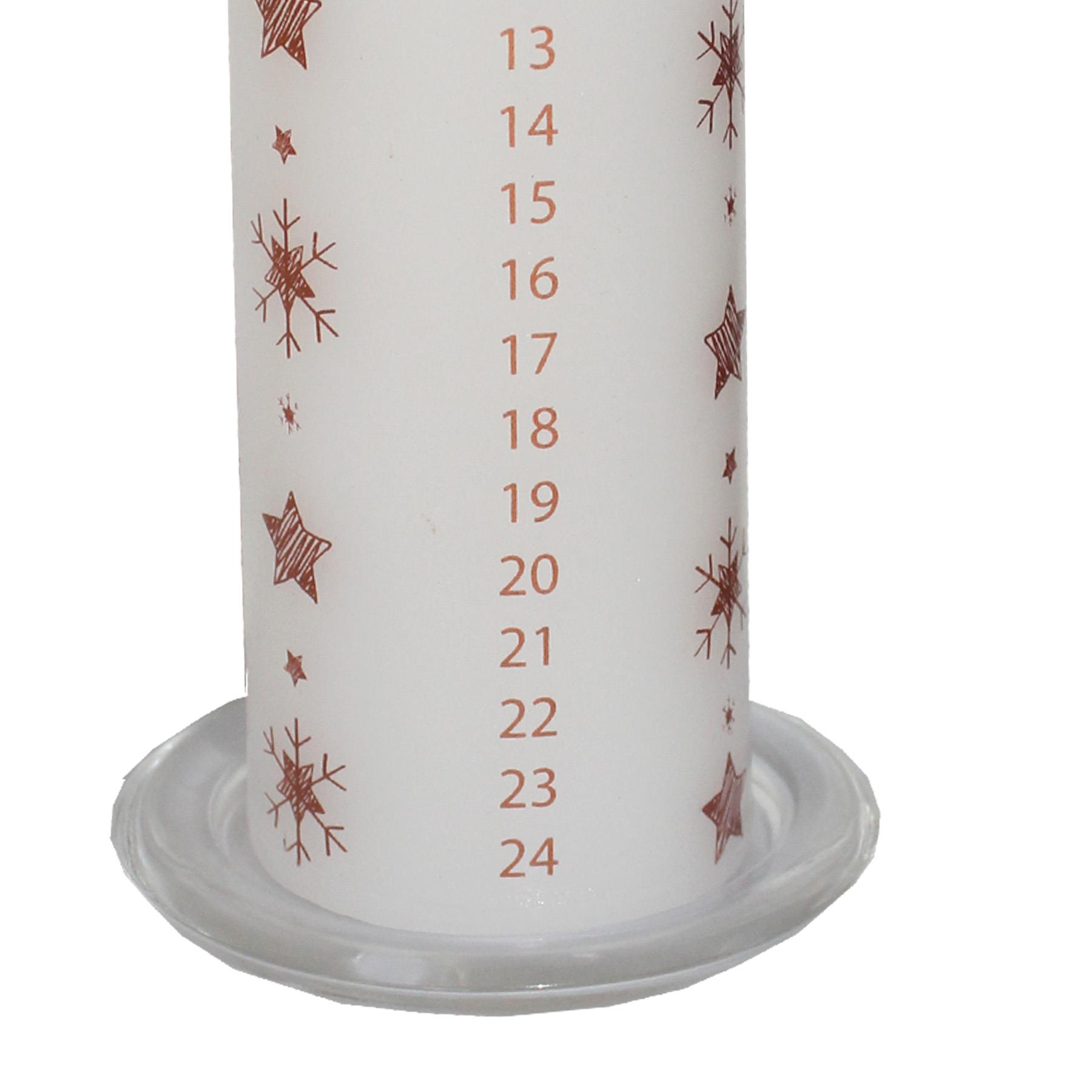 20cm Christmas Advent Candle with Snowflake Image on Glass Tray - White / Rose Gold