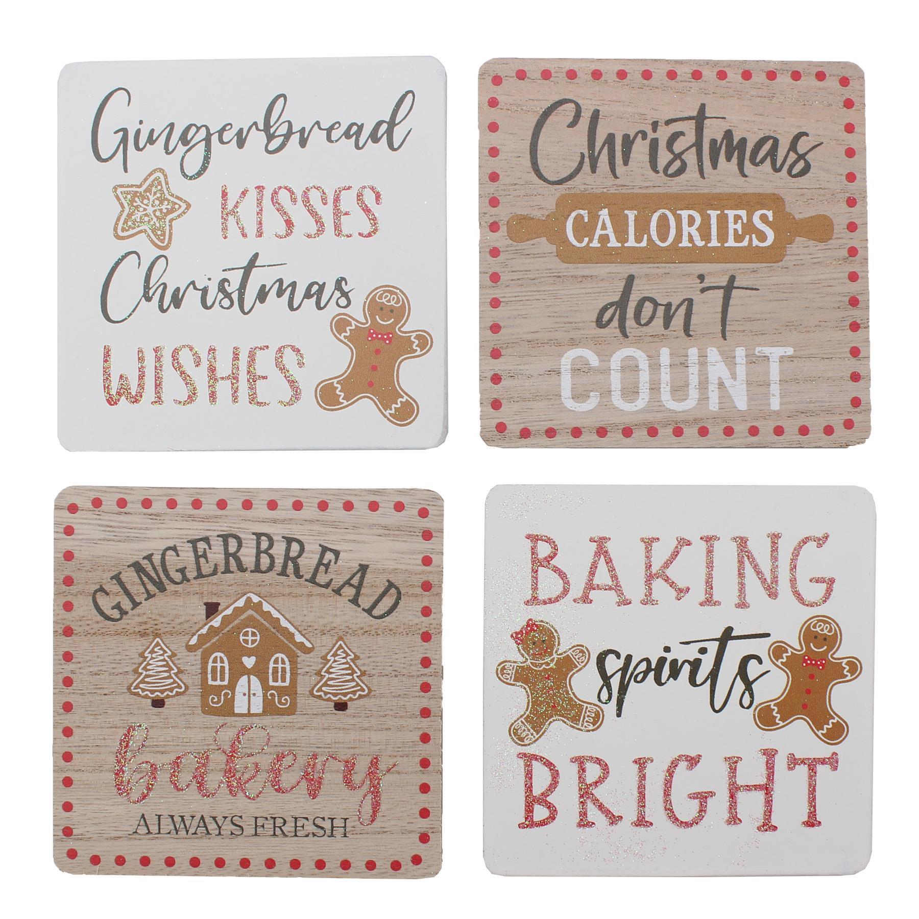 Christmas Decorations Coasters Gingerbread Wooden Set of 4 in Holder