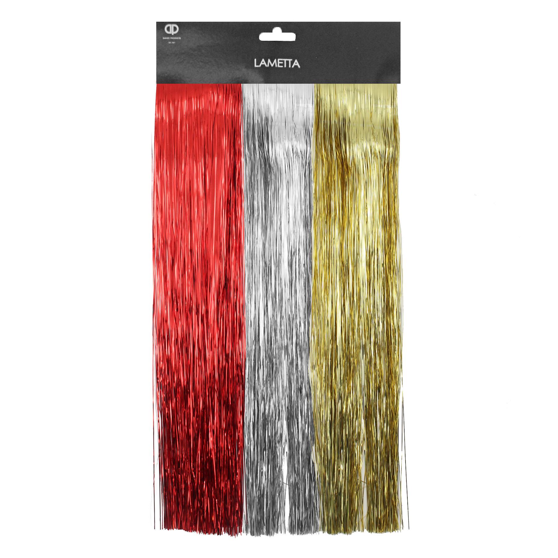 Triple Pack Christmas Decorative Lametta Tinsel Strands Red, Gold and Silver