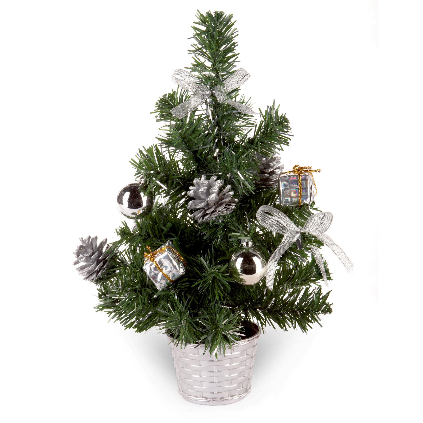 30cm Artificial Christmas Tree with Silver Tinsel Flecks, Silver Decorations and Pine Cones