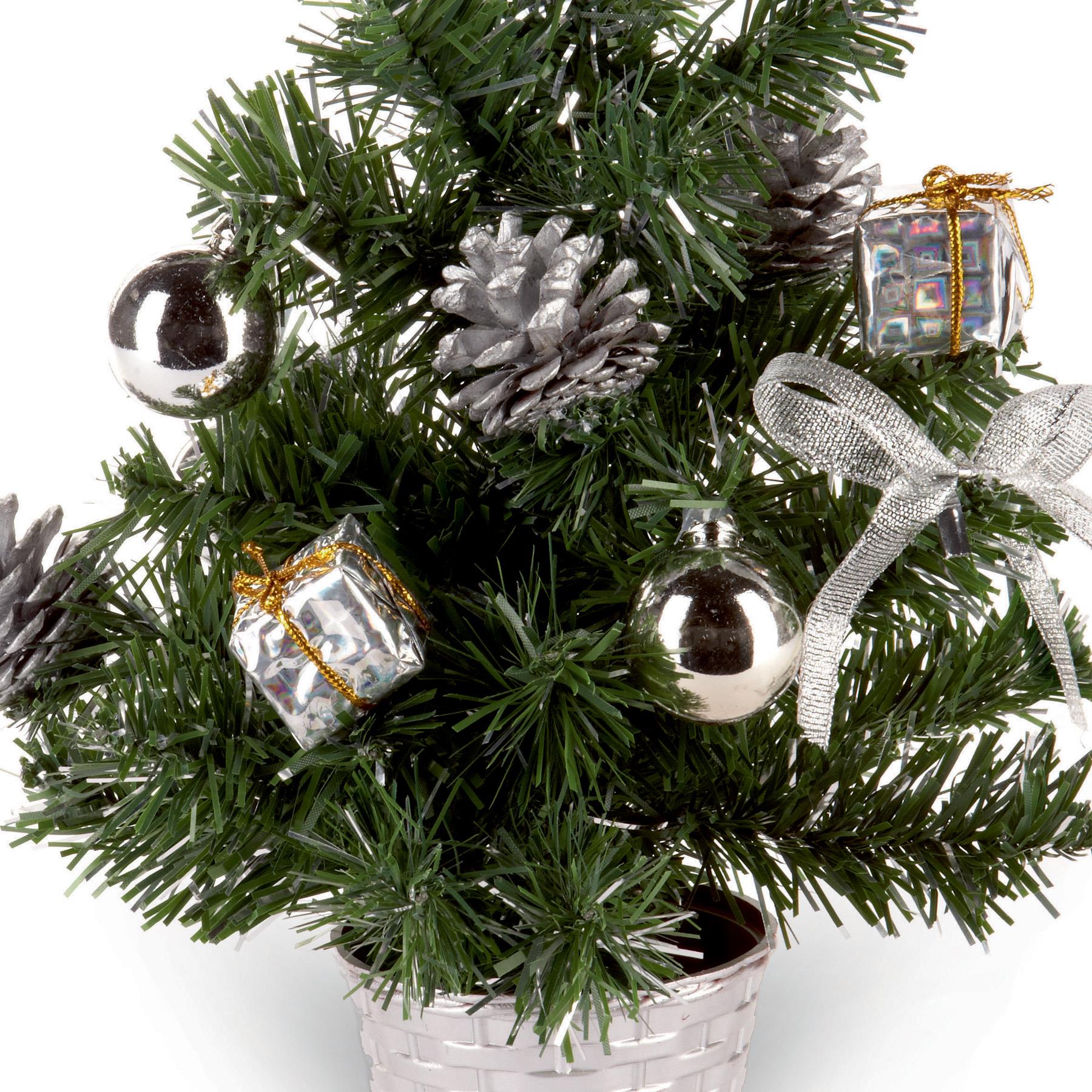 30cm Artificial Christmas Tree with Silver Tinsel Flecks, Silver Decorations and Pine Cones