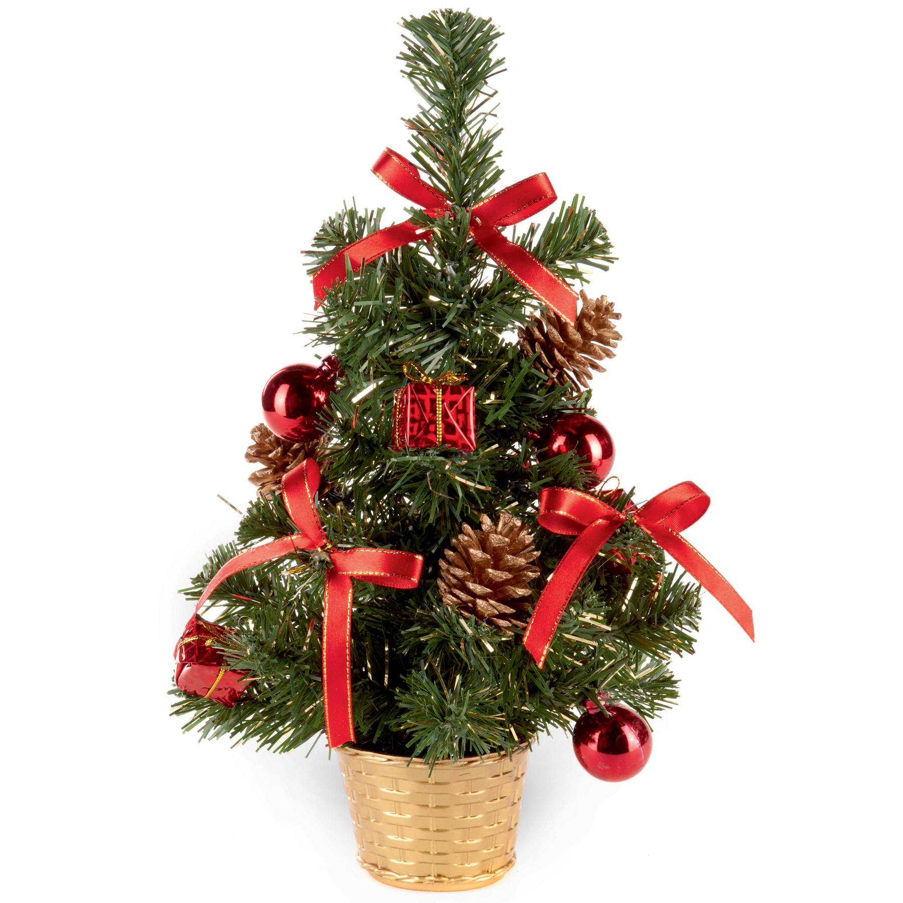 30cm Artificial Christmas Tree with Gold Tinsel Flecks, Red Decorations and Pine Cones