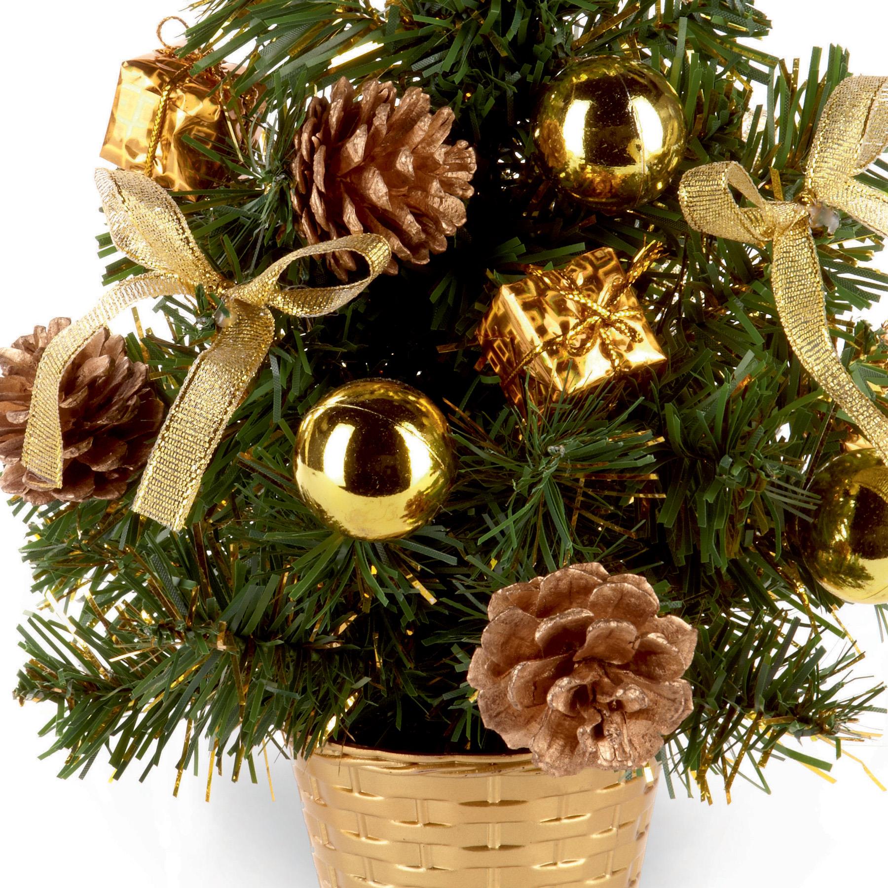 30cm Artificial Christmas Tree with Gold Tinsel Flecks, Gold Decorations and Pine Cones