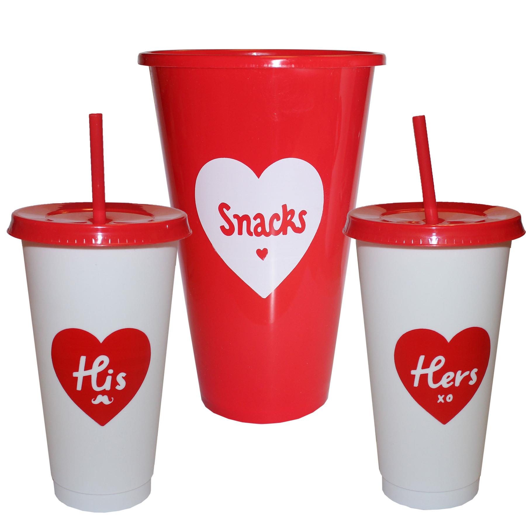 Valentines Movie Night At Home Date Night Set - Popcorn Holder, and 2 Cups with Straws