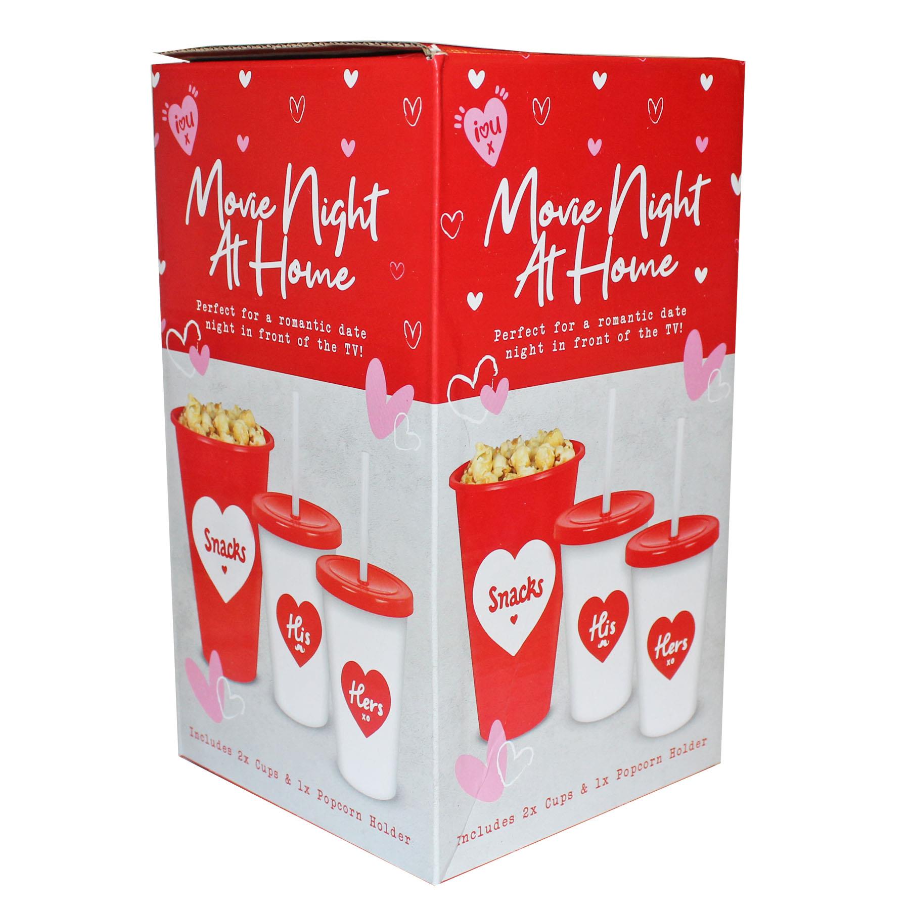 Valentines Movie Night At Home Date Night Set - Popcorn Holder, and 2 Cups with Straws
