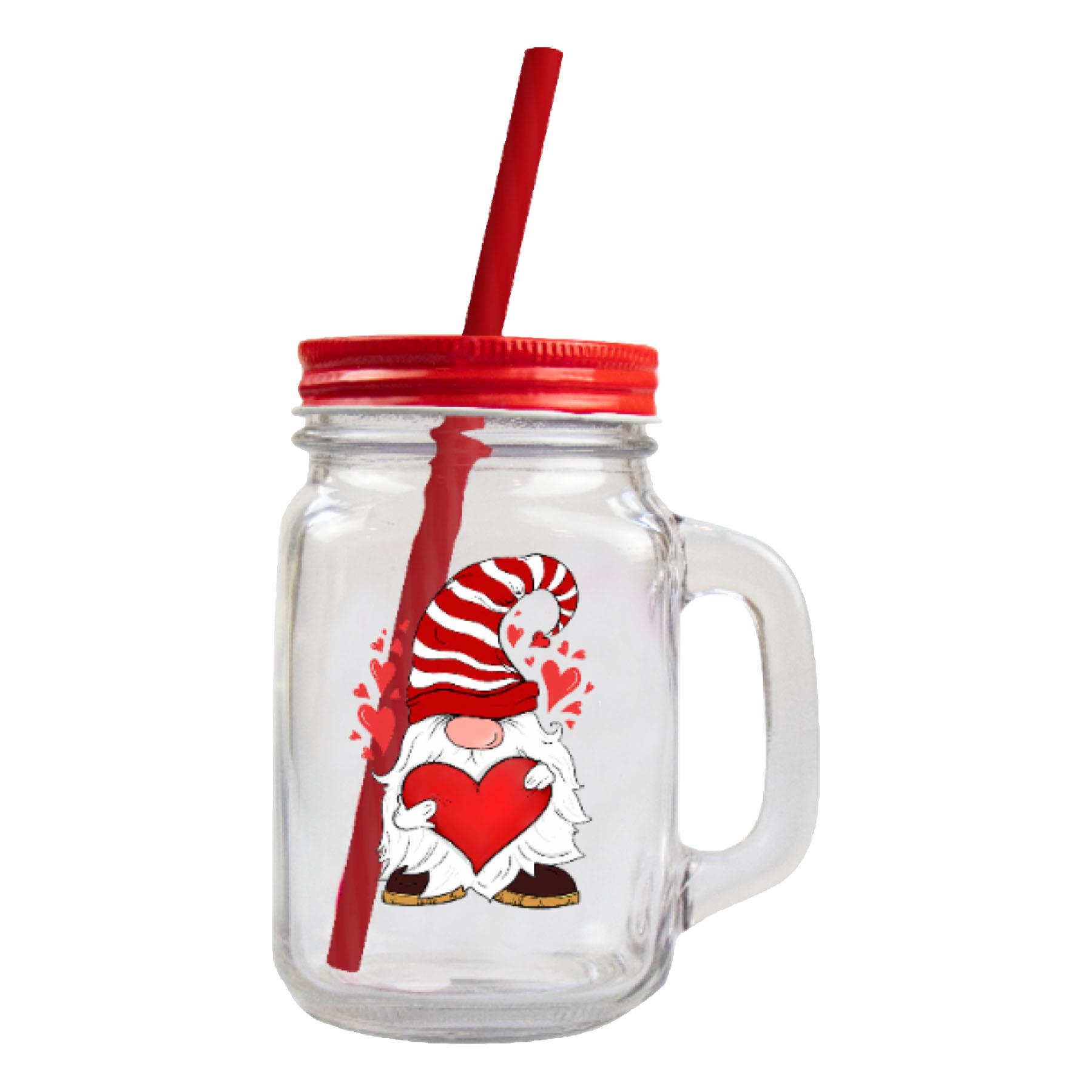 Valentines Gonk Mason Glass Jar with Straw