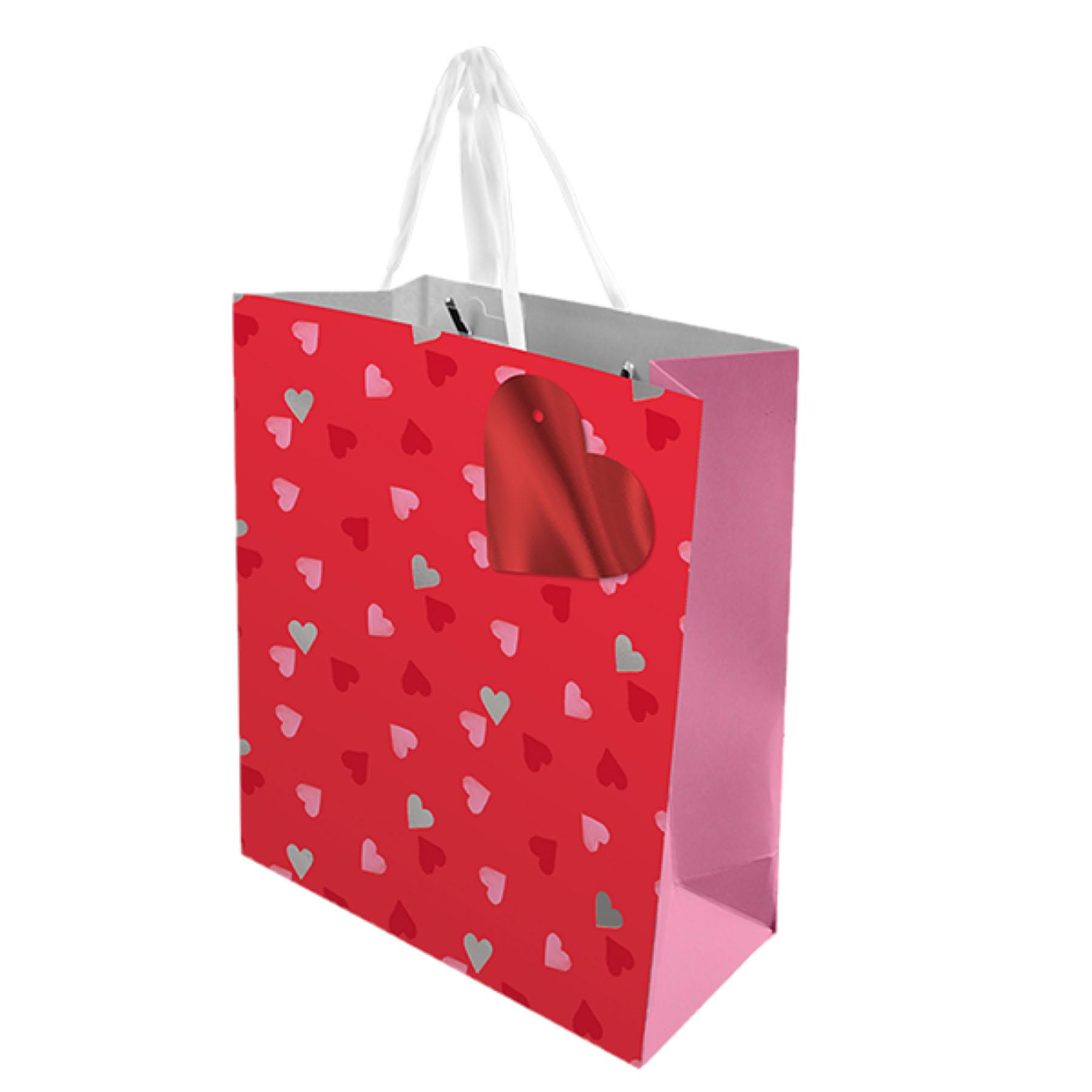Valentines Gift Bag with Tag 25.5cm x 21.5cm Red with Hearts