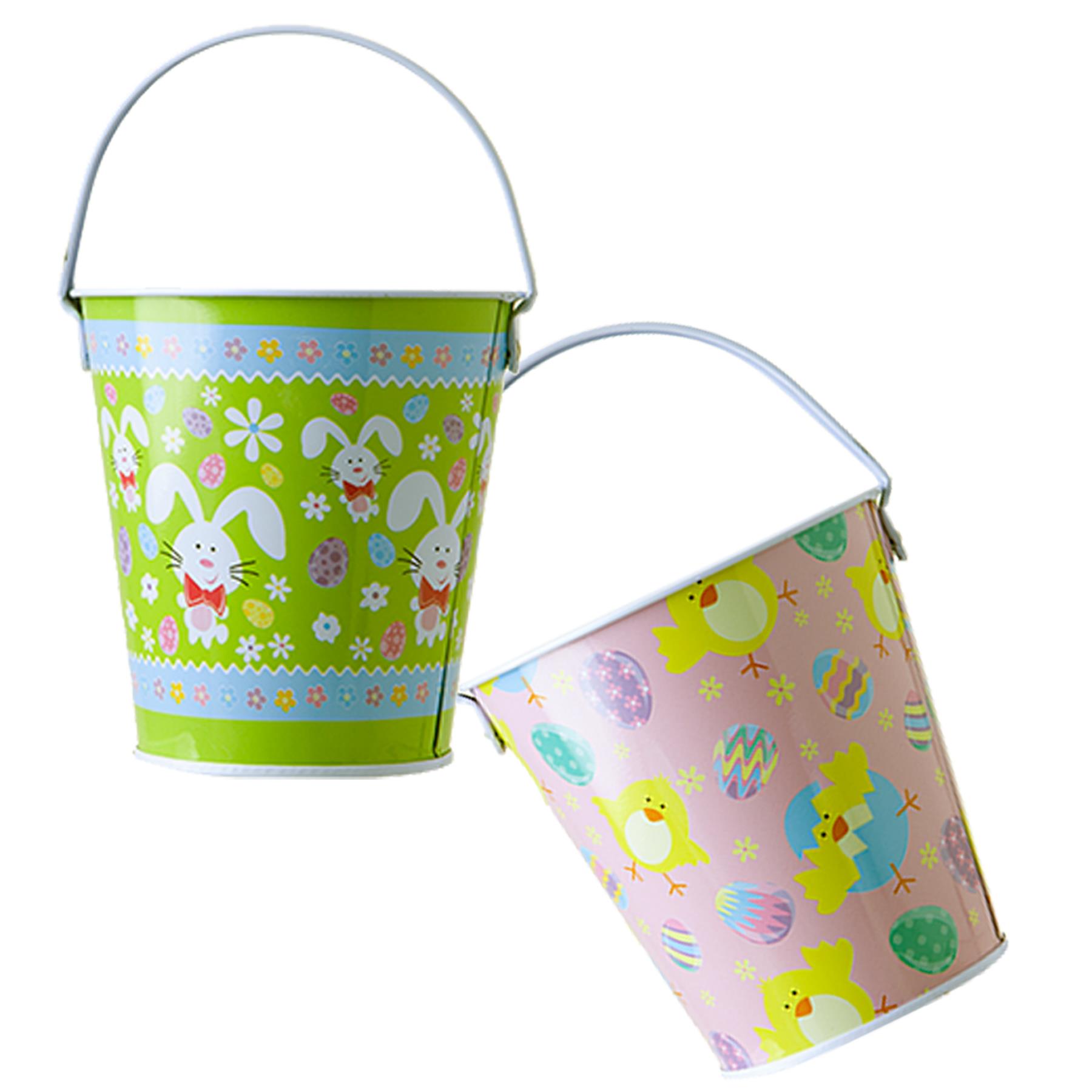 Easter Baskets, Buckets, Accessories - Set of 2 Mini Metal Buckets Bunny / Chick