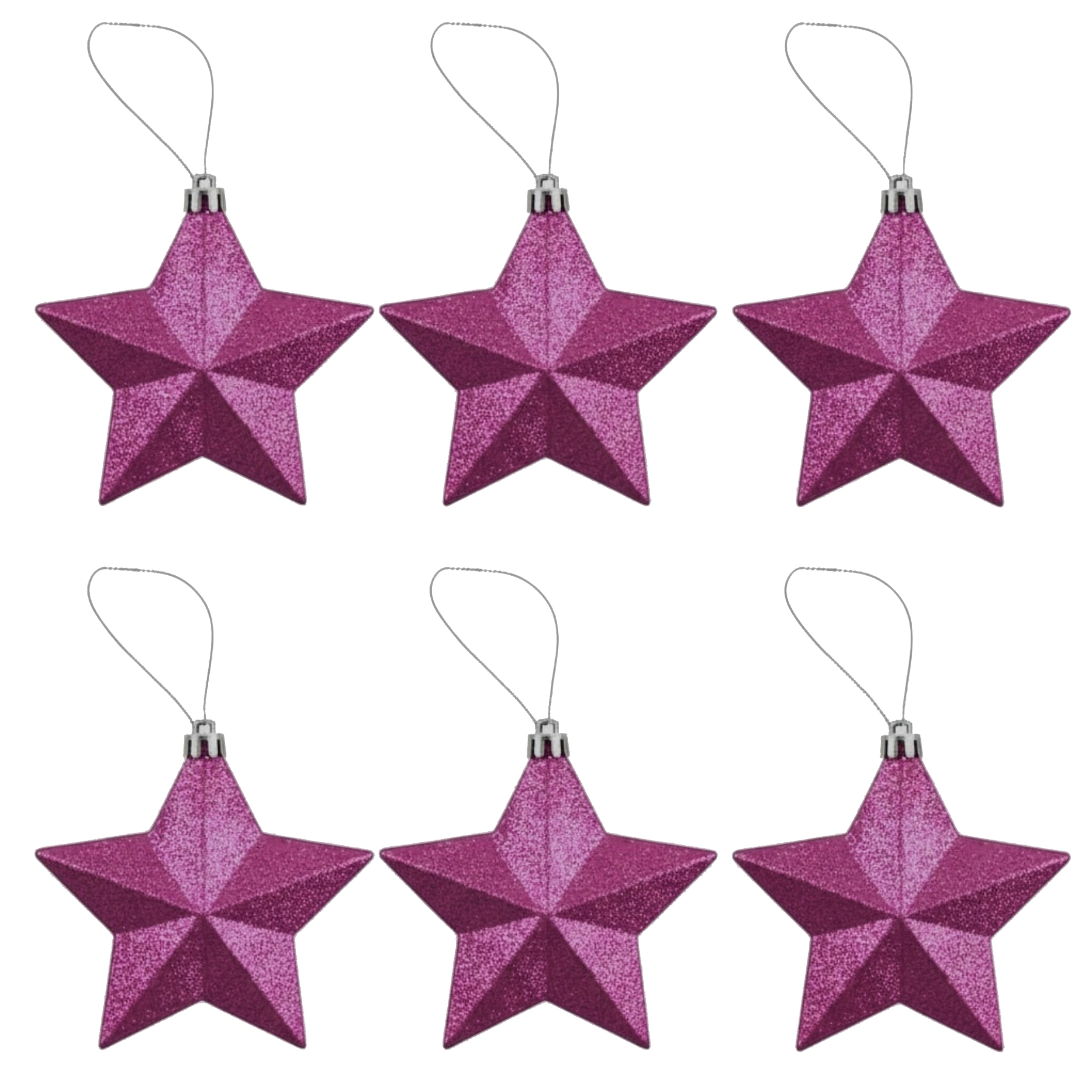 Christmas Cerise 6 Pack 80mm Glitter Stars Tree Decorations