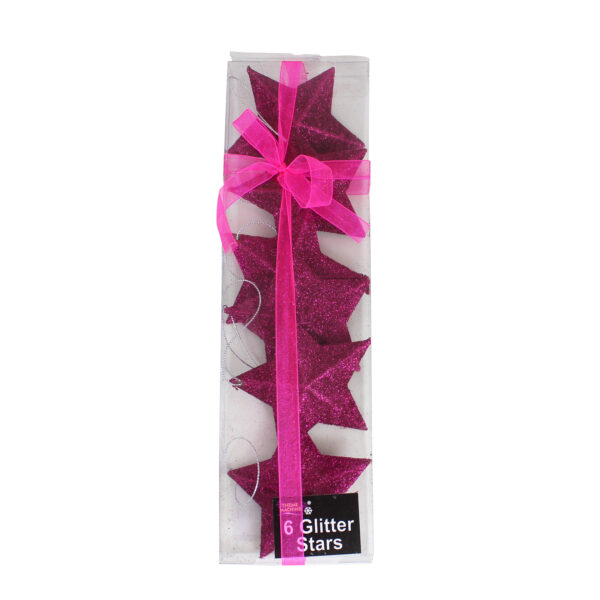 53291 6 Pack Glitter Stars CERISE 2 Christmas Cerise 6 Pack 80mm Glitter Stars Tree Decorations