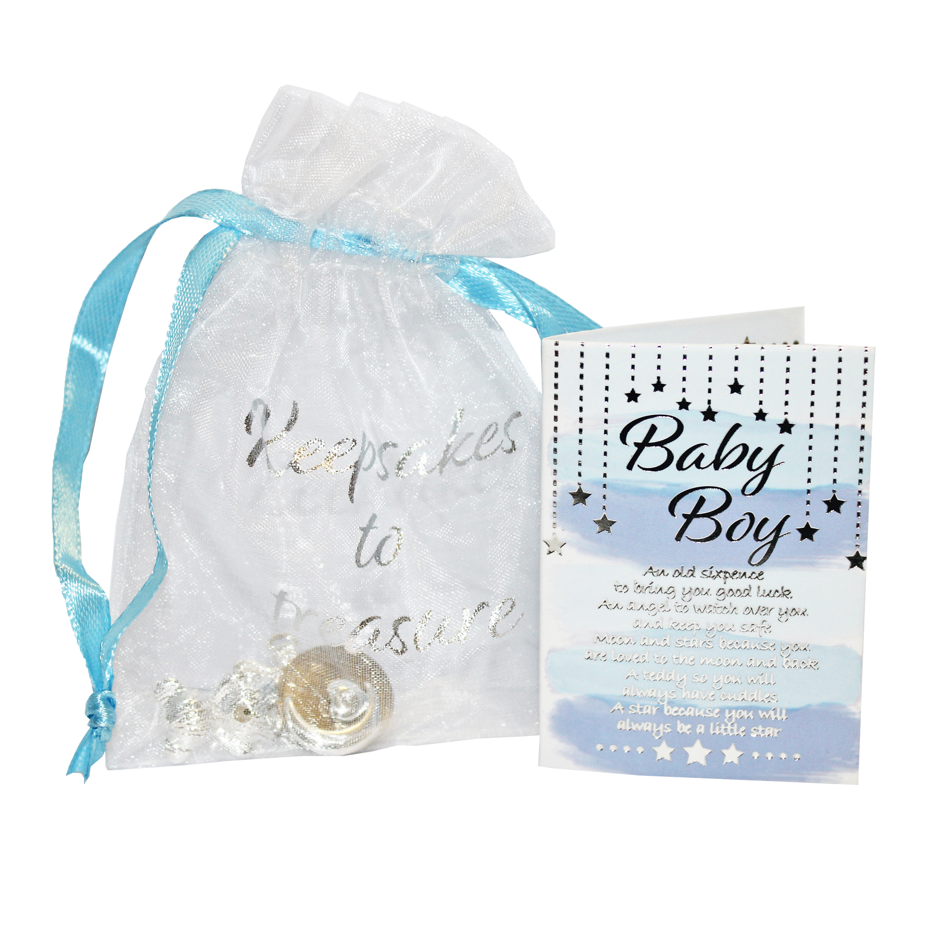 Baby Boy 5 Piece Silver Plated Keepsakes to Treasure with Card and Organza Bag
