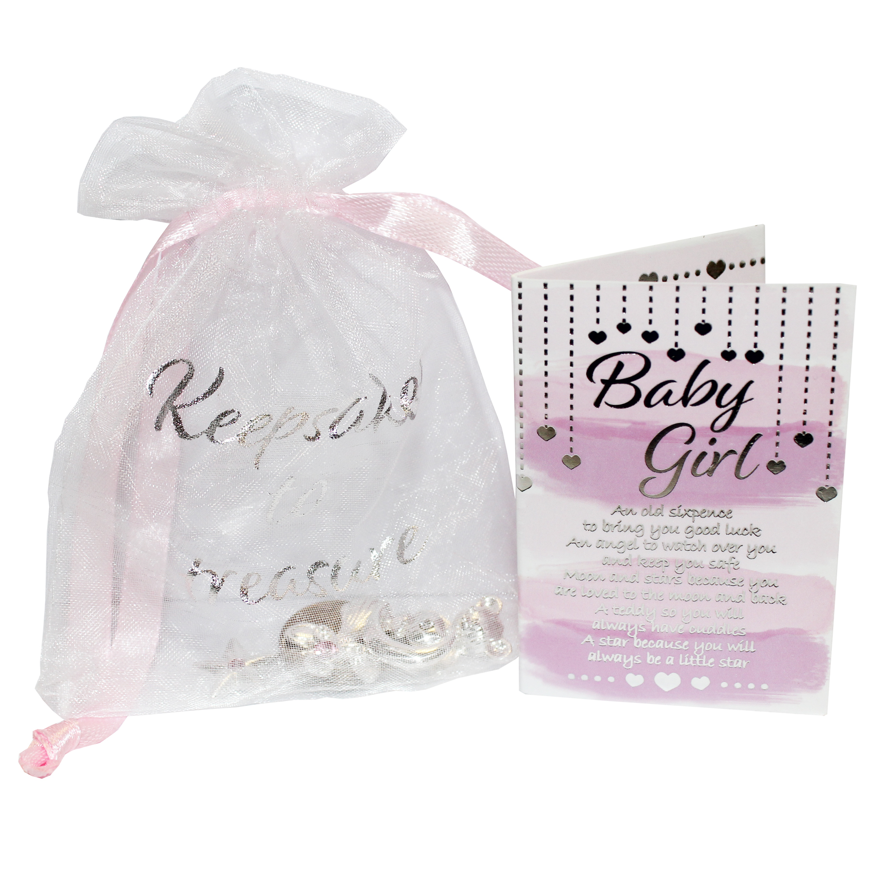 Baby Girl 5 Piece Silver Plated Keepsakes to Treasure with Card and Organza Bag