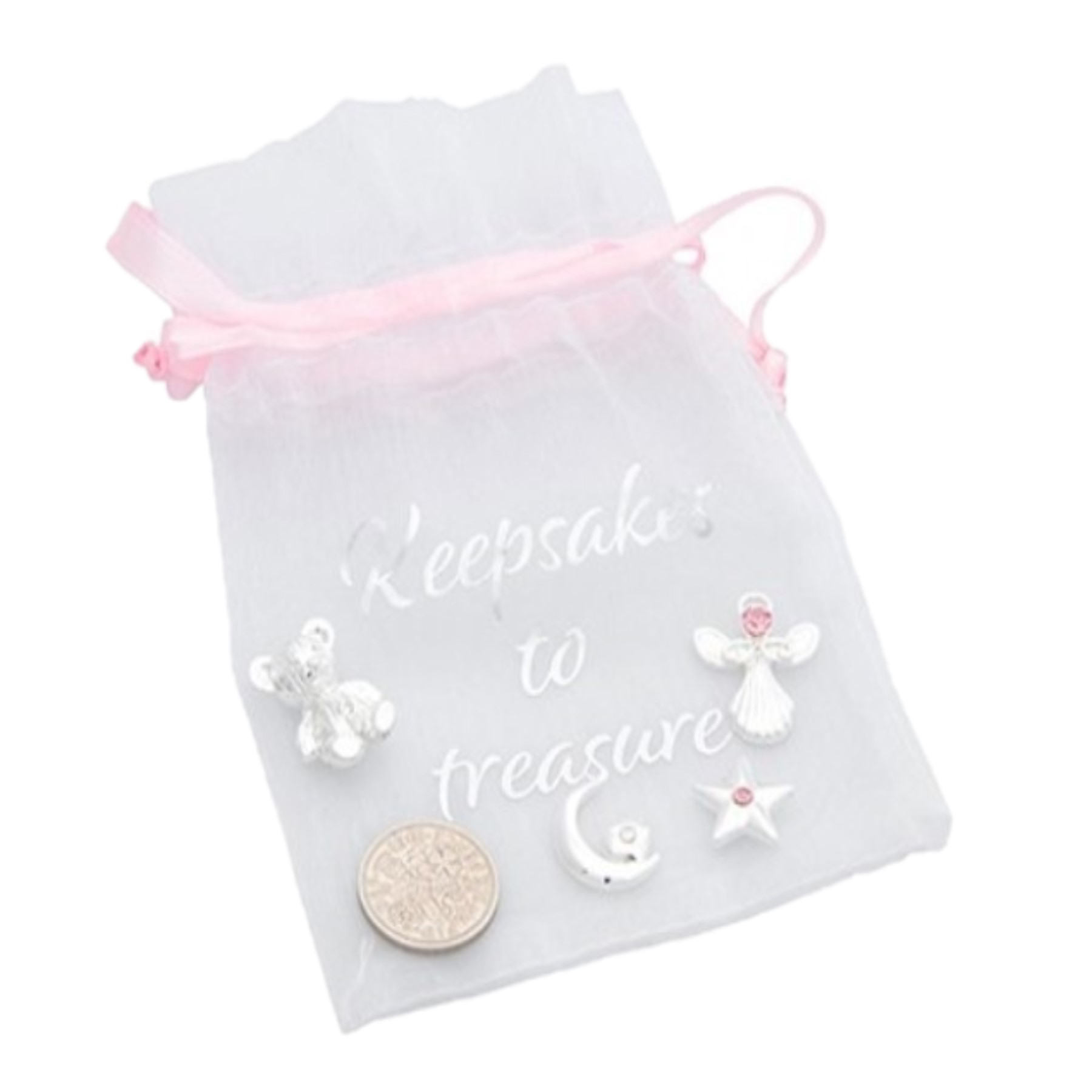 Baby Girl 5 Piece Silver Plated Keepsakes to Treasure with Card and Organza Bag