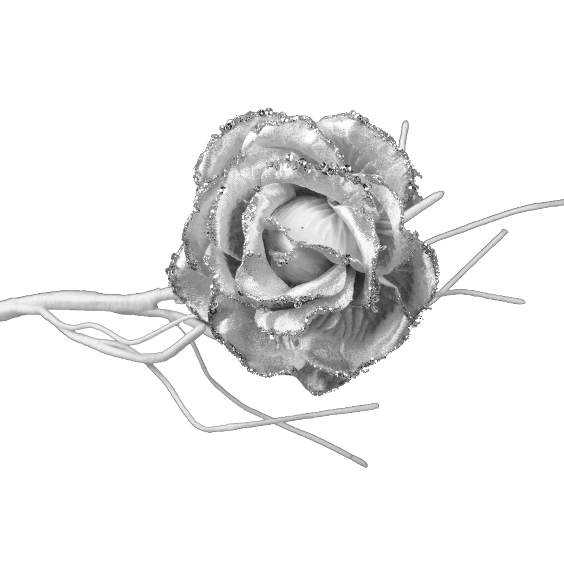 56077 Rose Flower 3 Christmas Tree Decoration Clip on Rose Flower 10cm - Silver