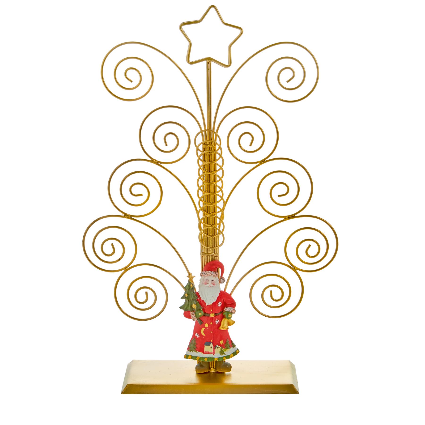 Christmas Card Holder Holds 20 Cards Metal Swirl with Santa Gold