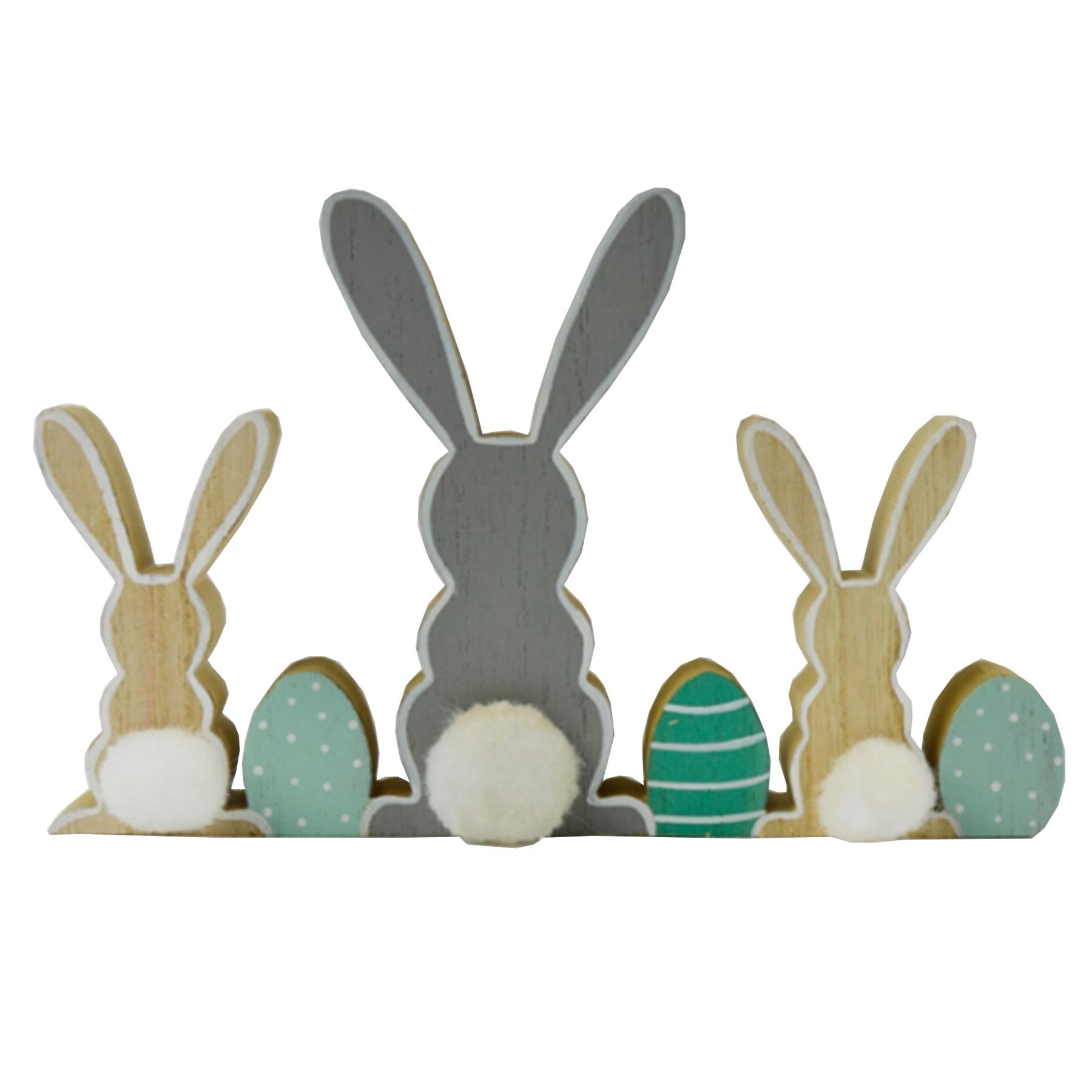 Easter Wooden Plaque Bunnies with Pom Pom Tails and Eggs Decoration Green