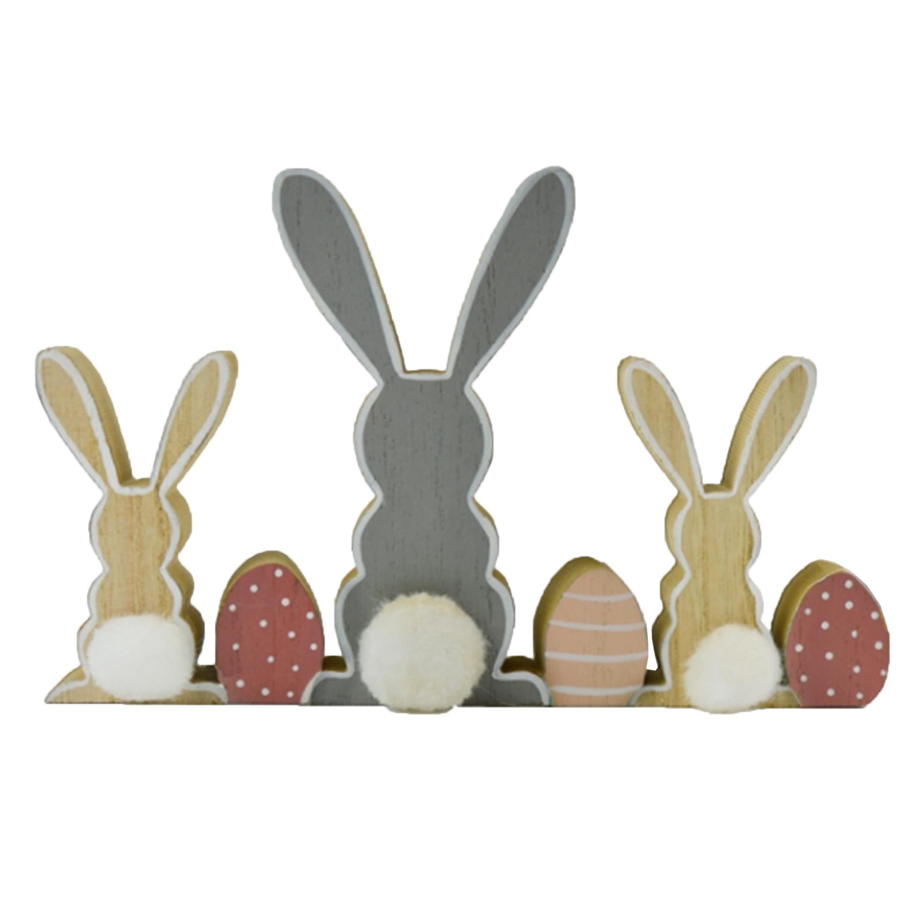 Easter Wooden Plaque Bunnies with Pom Pom Tails and Eggs Decoration Pink