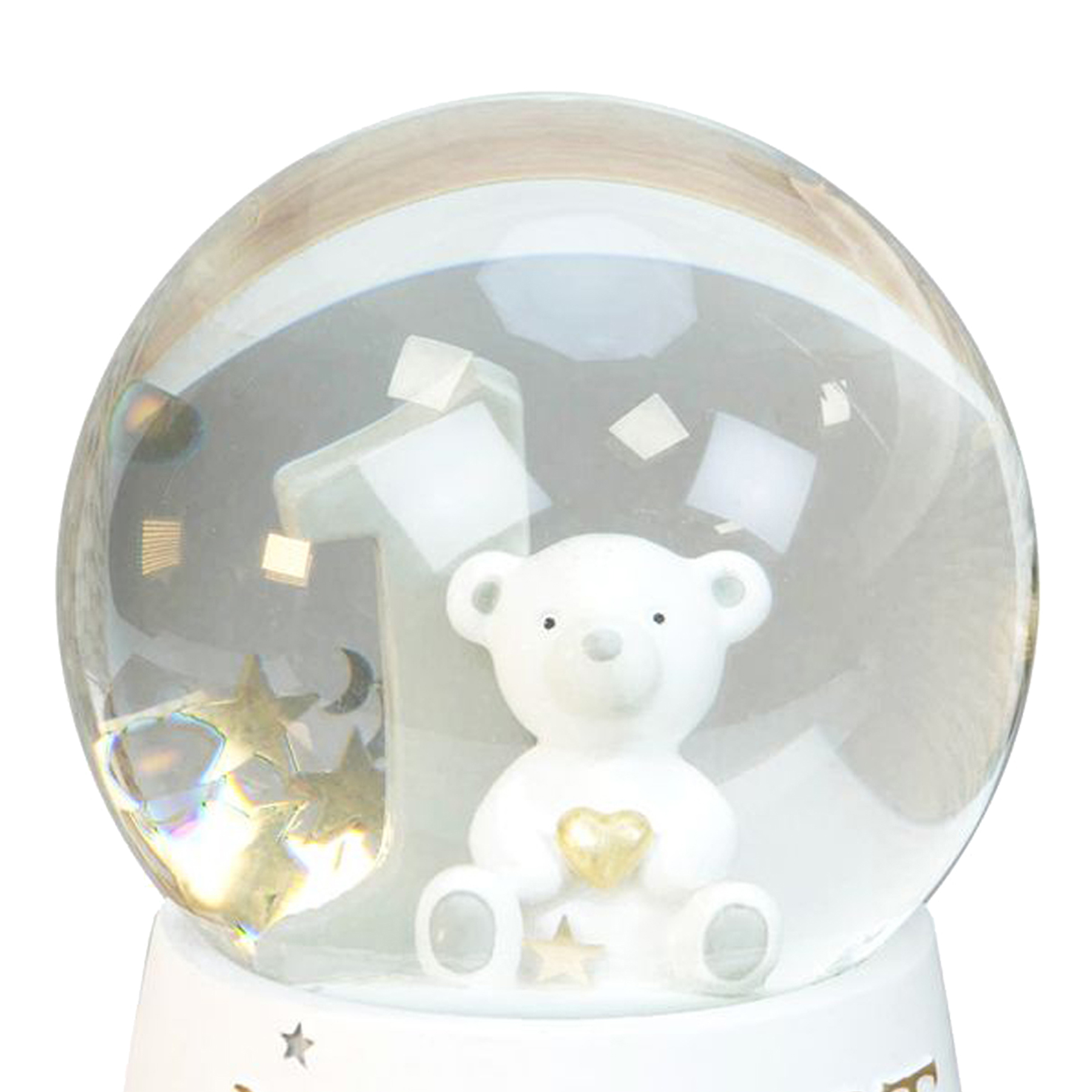 image342208310.jpg Unisex Baby's Snow Globe with Teddy My First Birthday - White and Silver