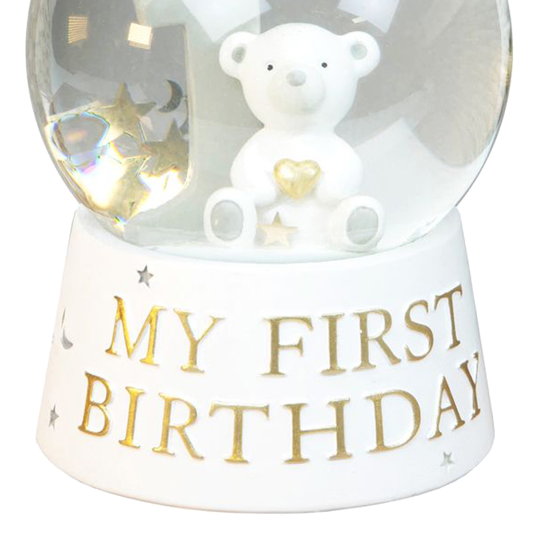 image342208312.jpg Unisex Baby's Snow Globe with Teddy My First Birthday - White and Silver