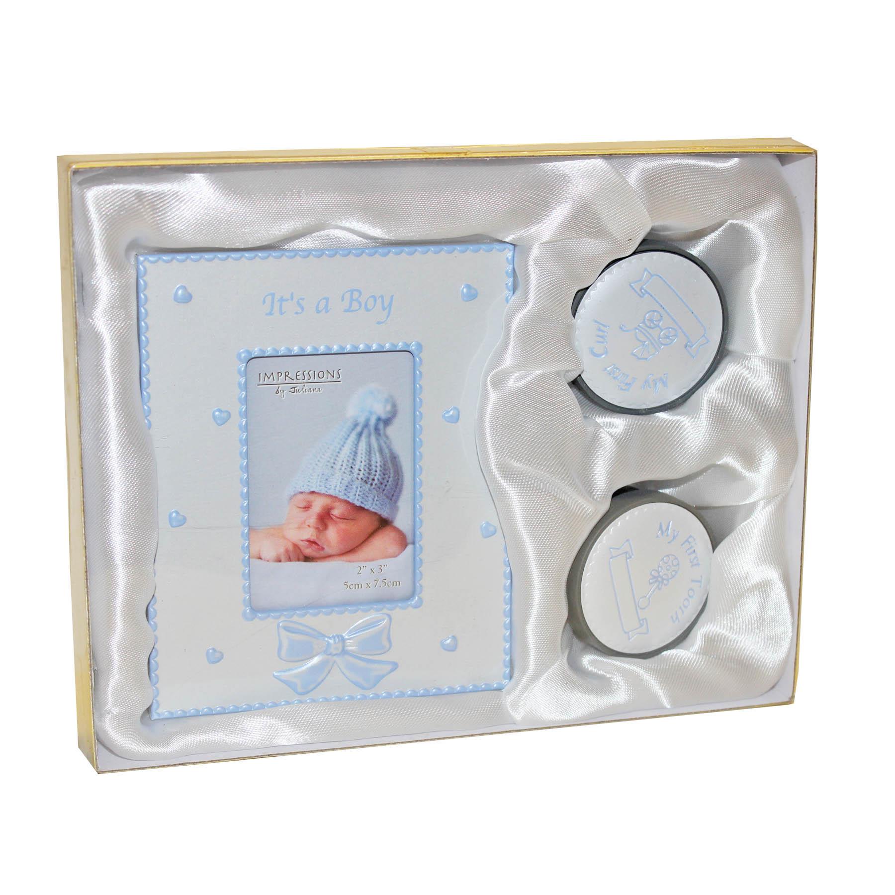 Baby Keepsake Tooth/Curl Trinket and Frame Gift Set - Blue / Boy