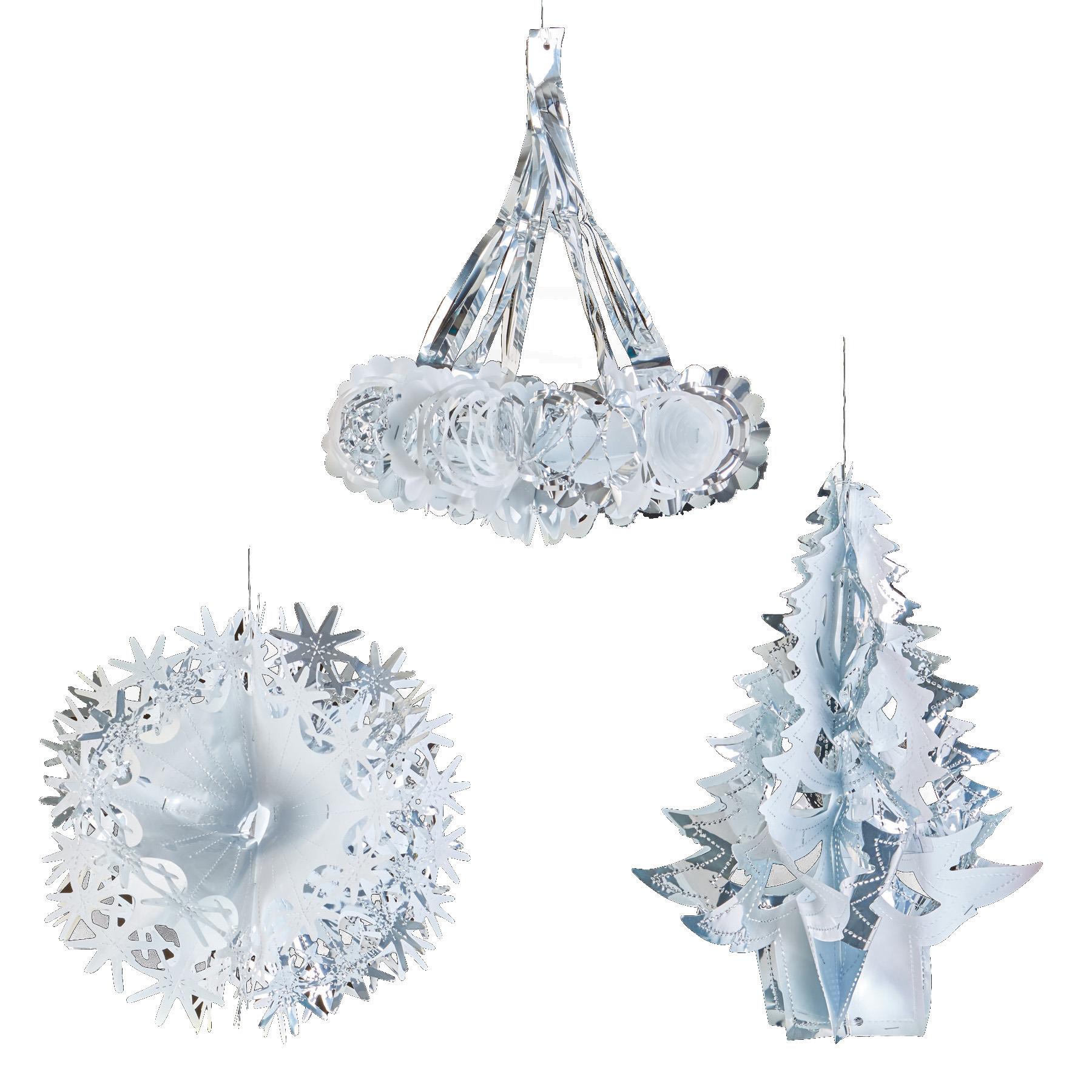 Christmas Foil Ceiling Decorations 2 Tone White / Silver - Tree Ball Chandelier Set