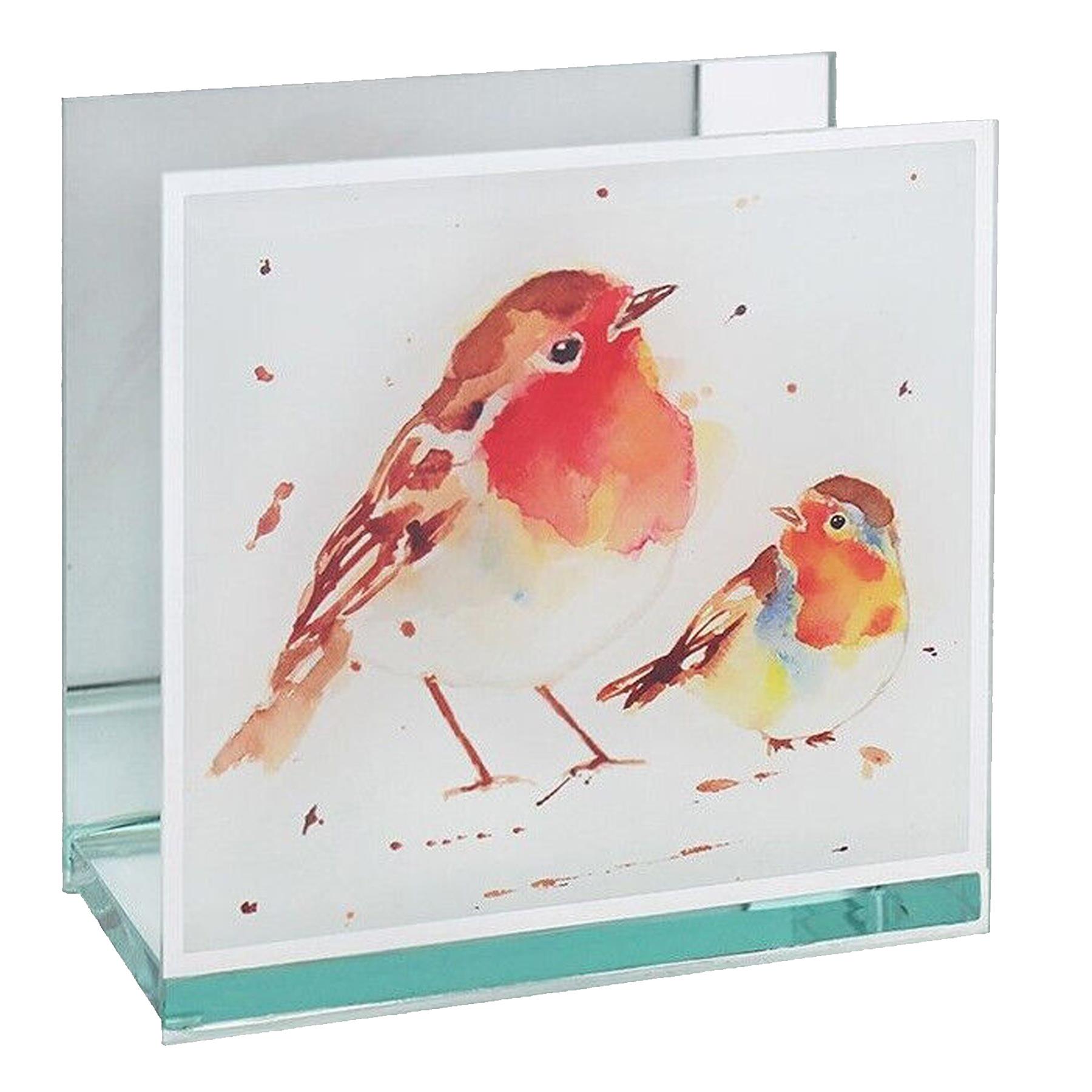 Christmas Glass Tea Light Candle Holder - Winter Robins Design