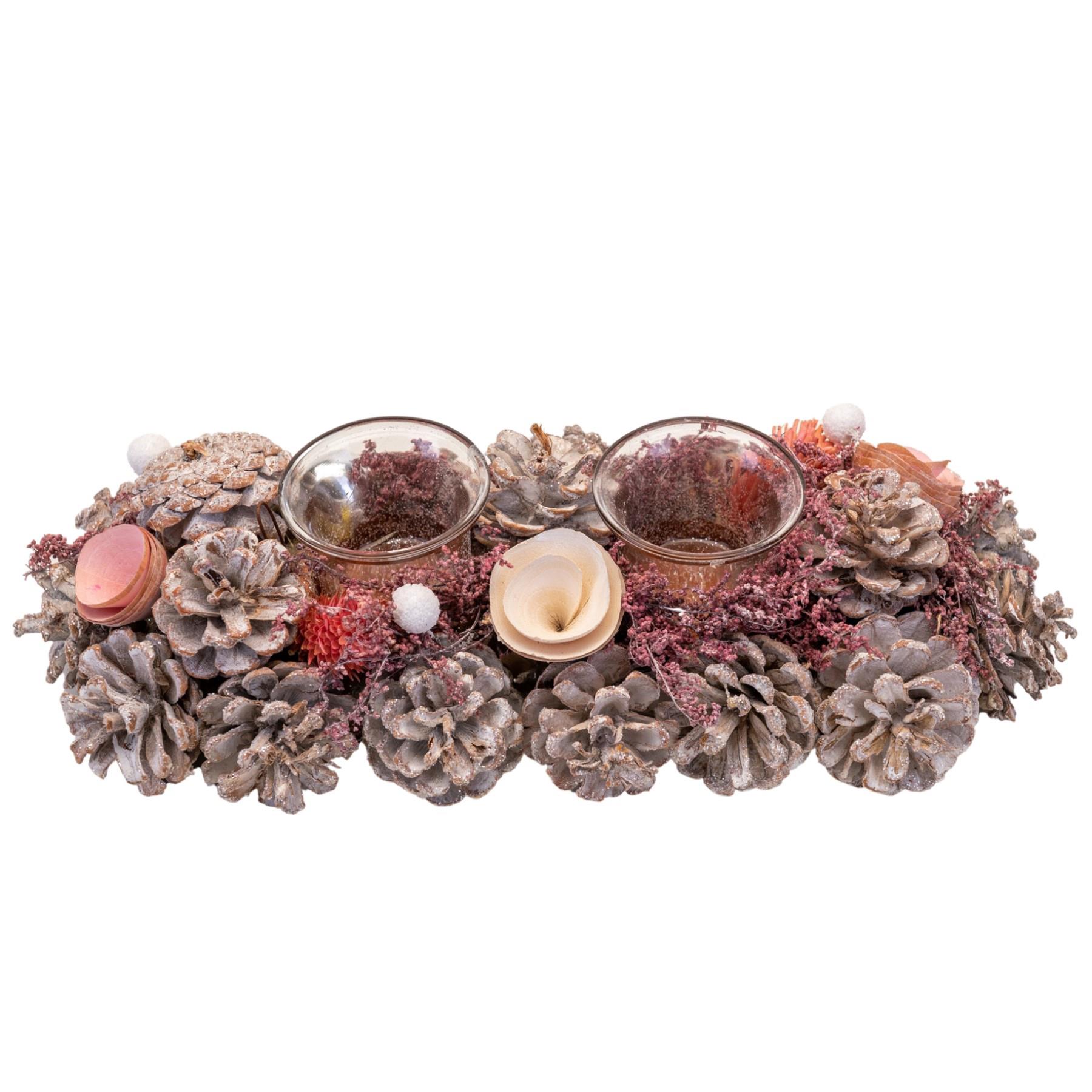 Christmas Table Centrepiece Pine Cone Candle Holder - Pink / Silver