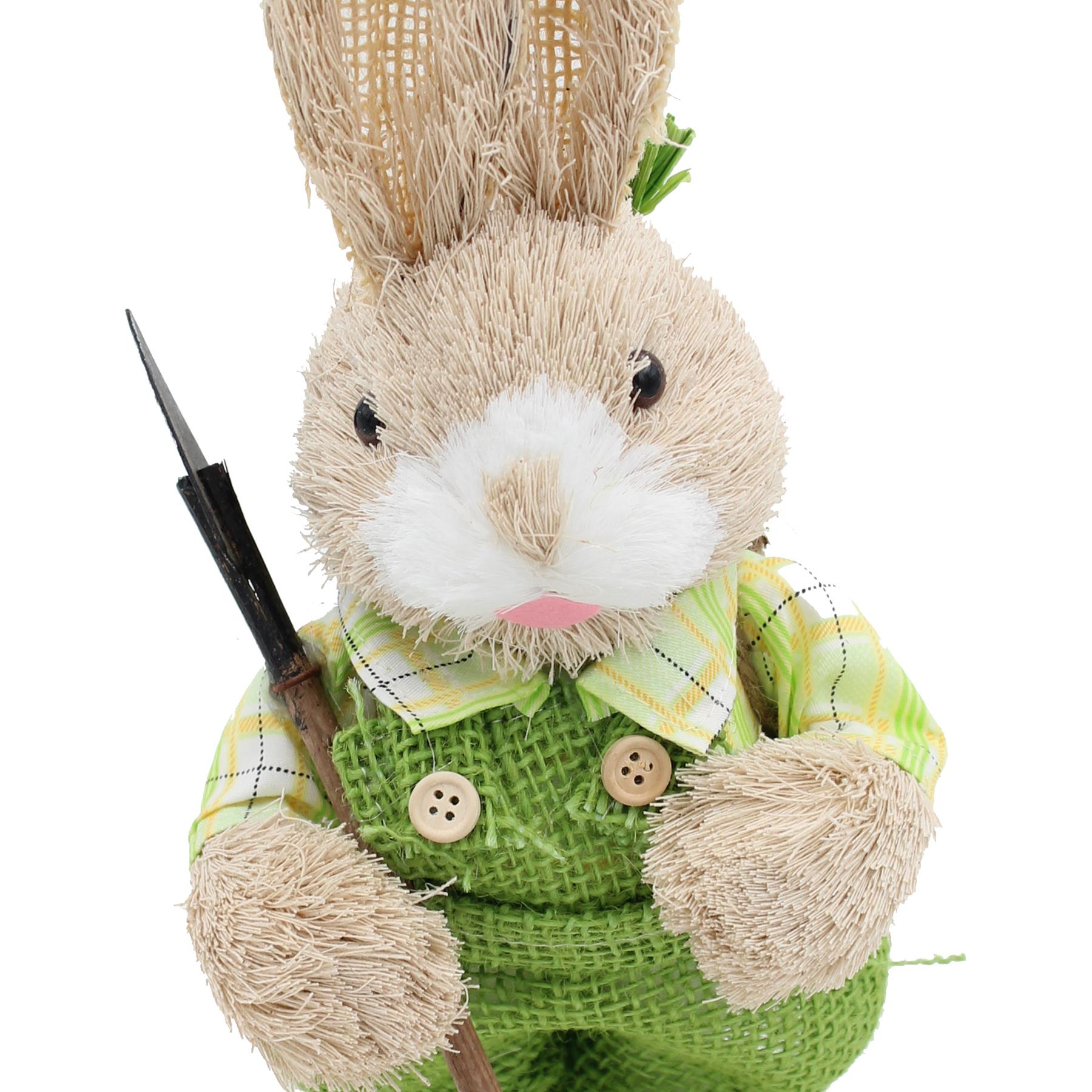 Easter Bunny in Green Clothes with Shovel Standing Art Deco Decoration Room Ornament