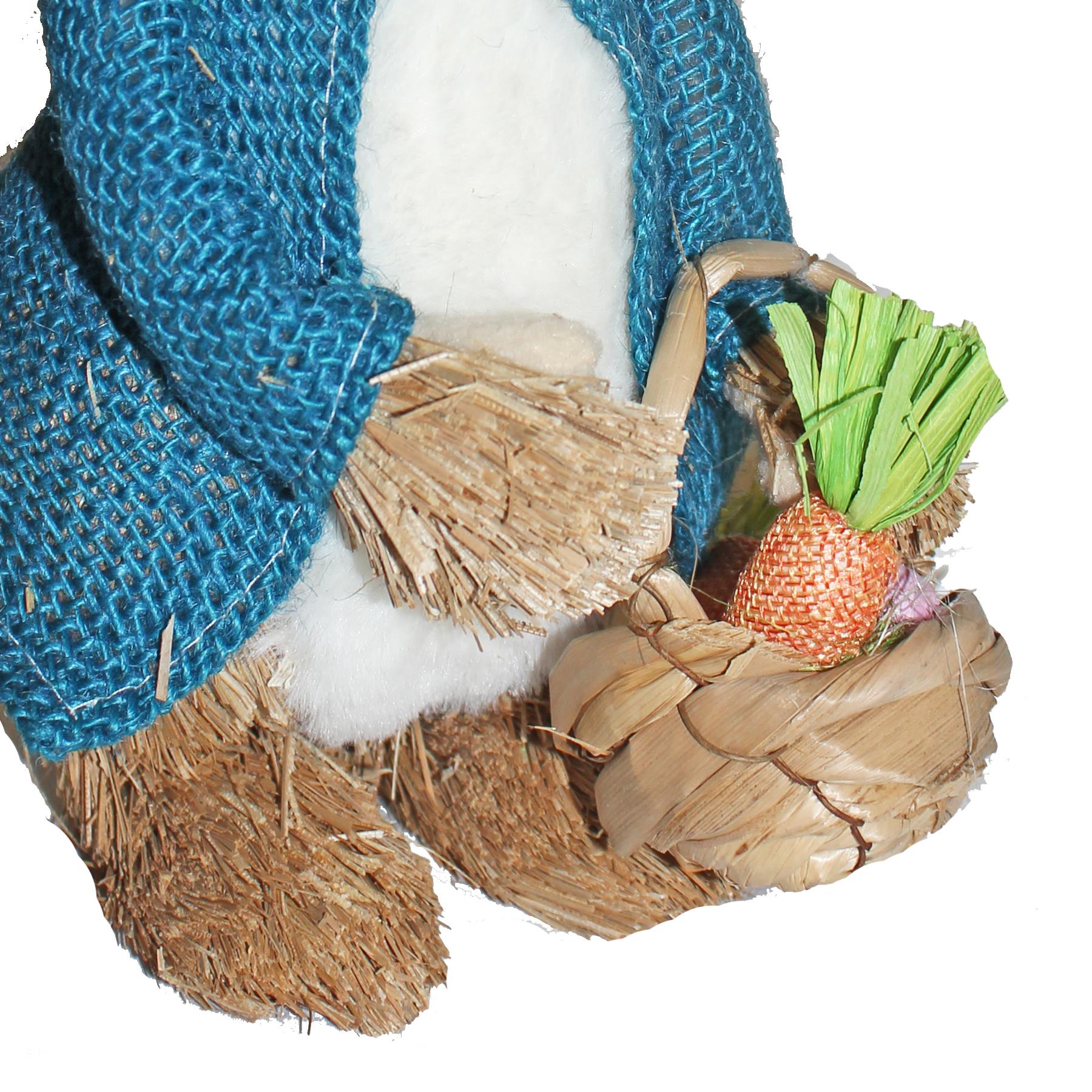 Easter Bunny in Blue Jacket with Carrot Basket Standing Art Deco Decoration Room Ornament