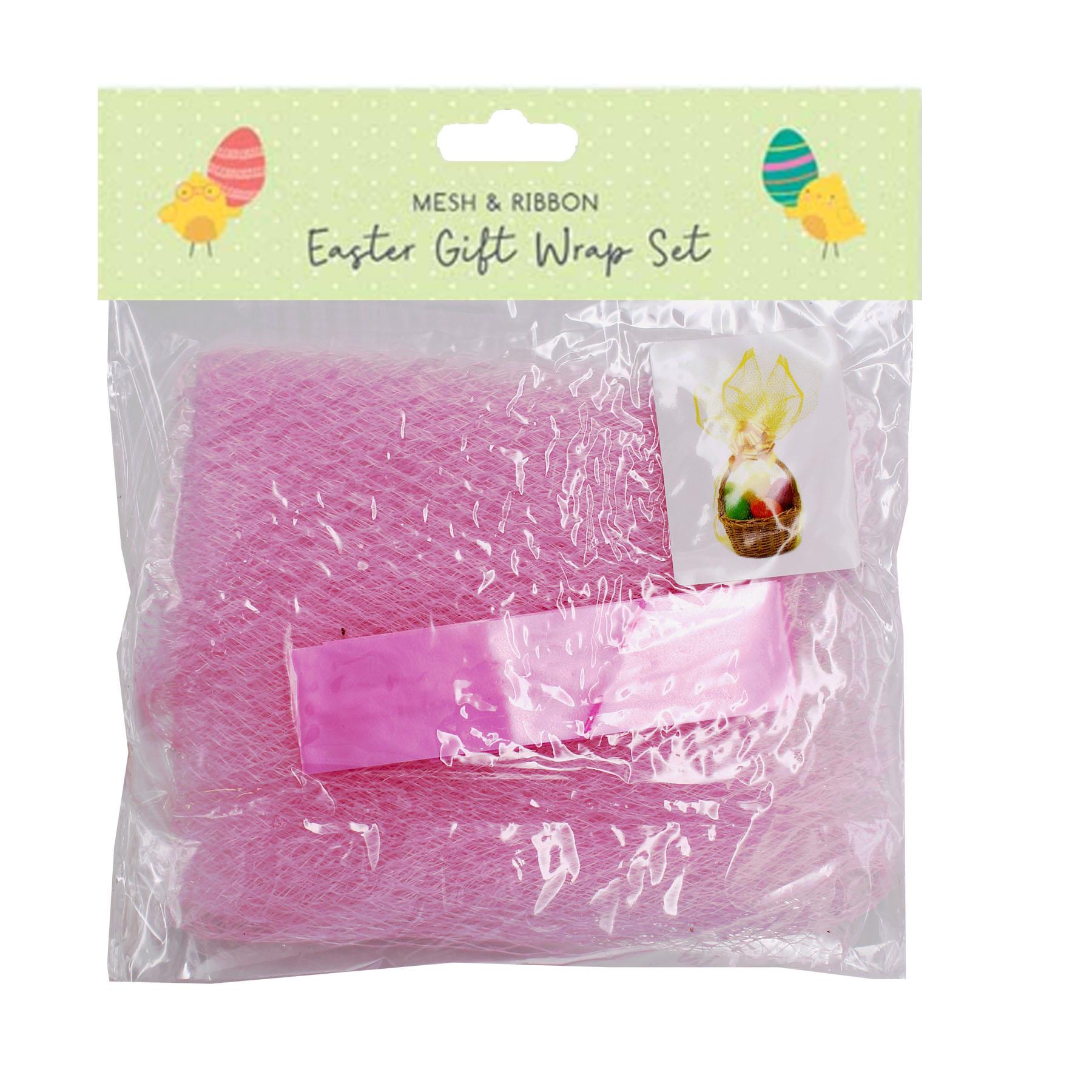 Easter Gift Wrap Set Pink Mesh and Ribbon for Hamper Baskets, Buckets