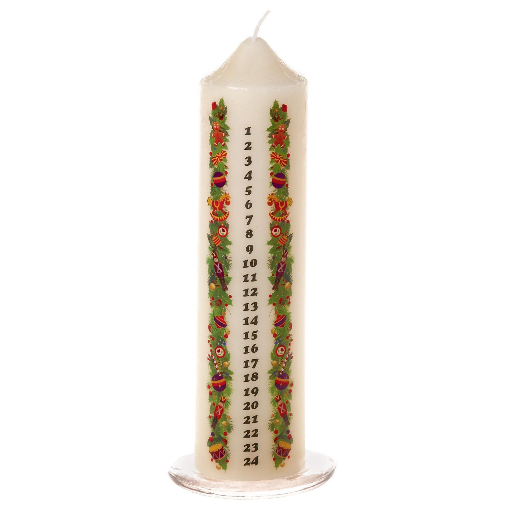 20cm Christmas Advent Candle with Pictures on Glass Tray - Cream