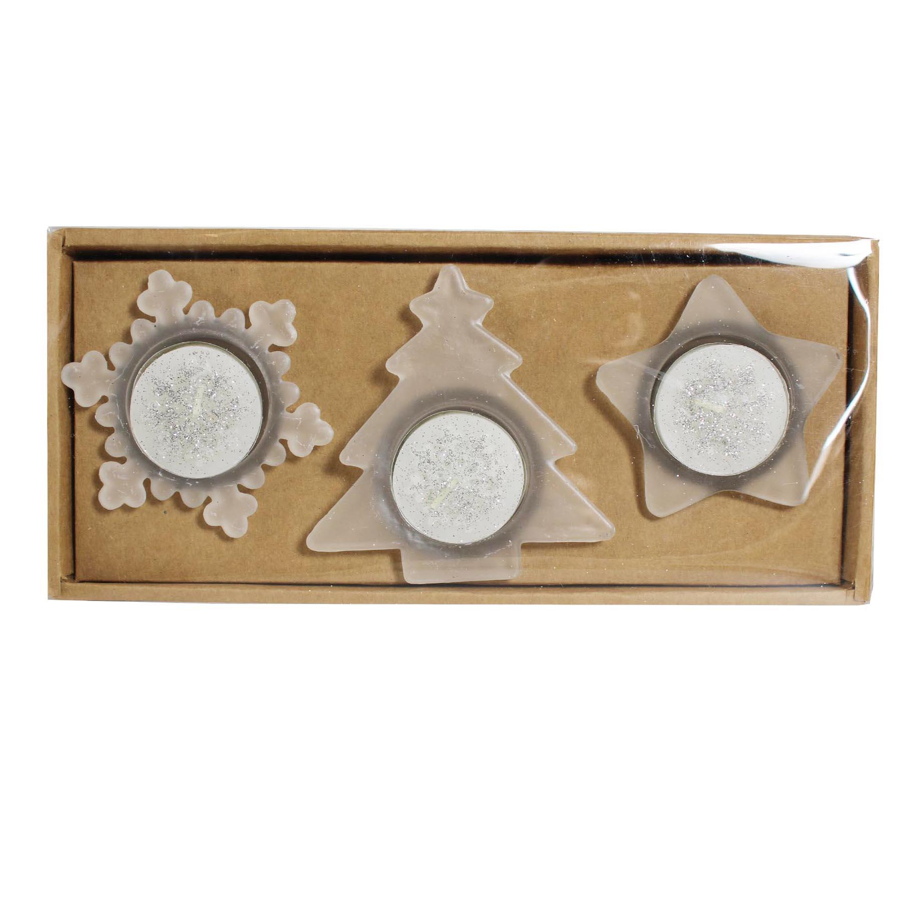 Christmas Tealight Candles and Holder Set - Tree Star and Snowflake - Silver
