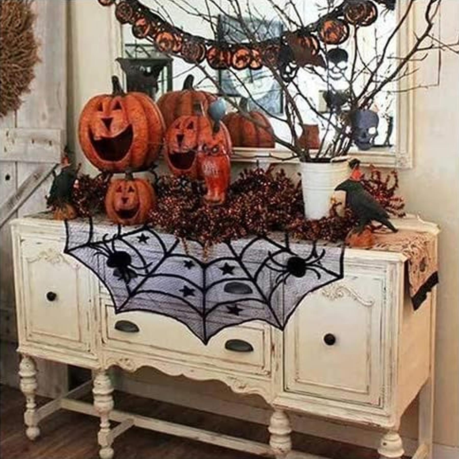 Halloween 100cm Spider Web Lace Tablecloth Black Round Topper Party Decoration