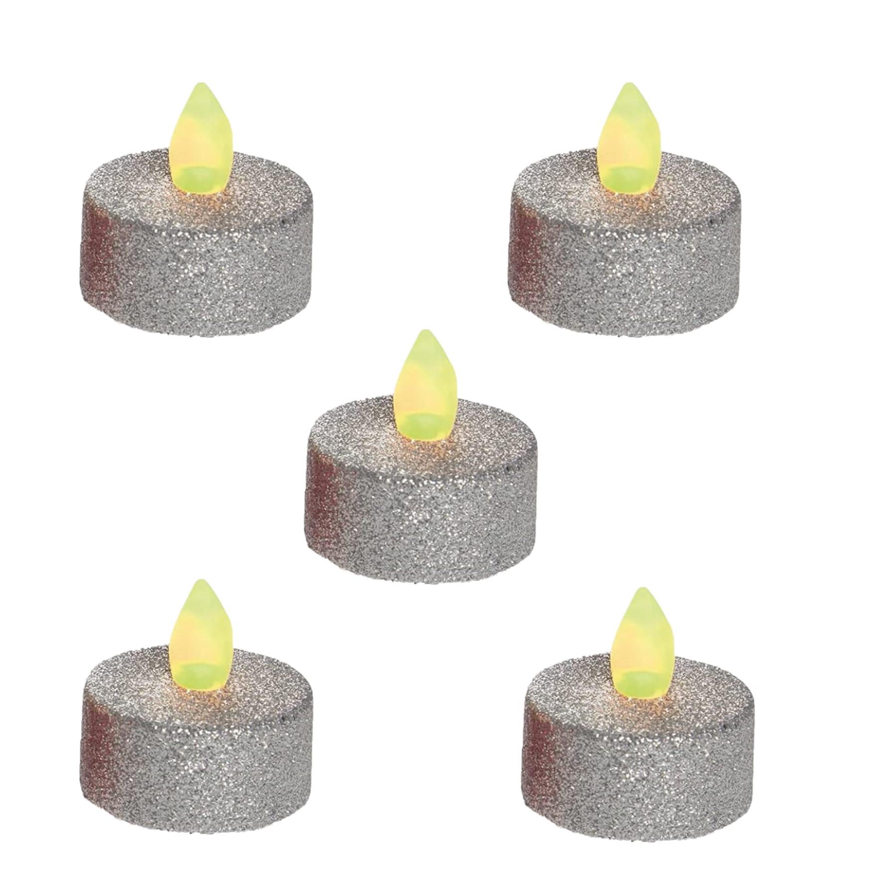 Flickering LED Glitter Tea Lights Pack of 5 - Silver