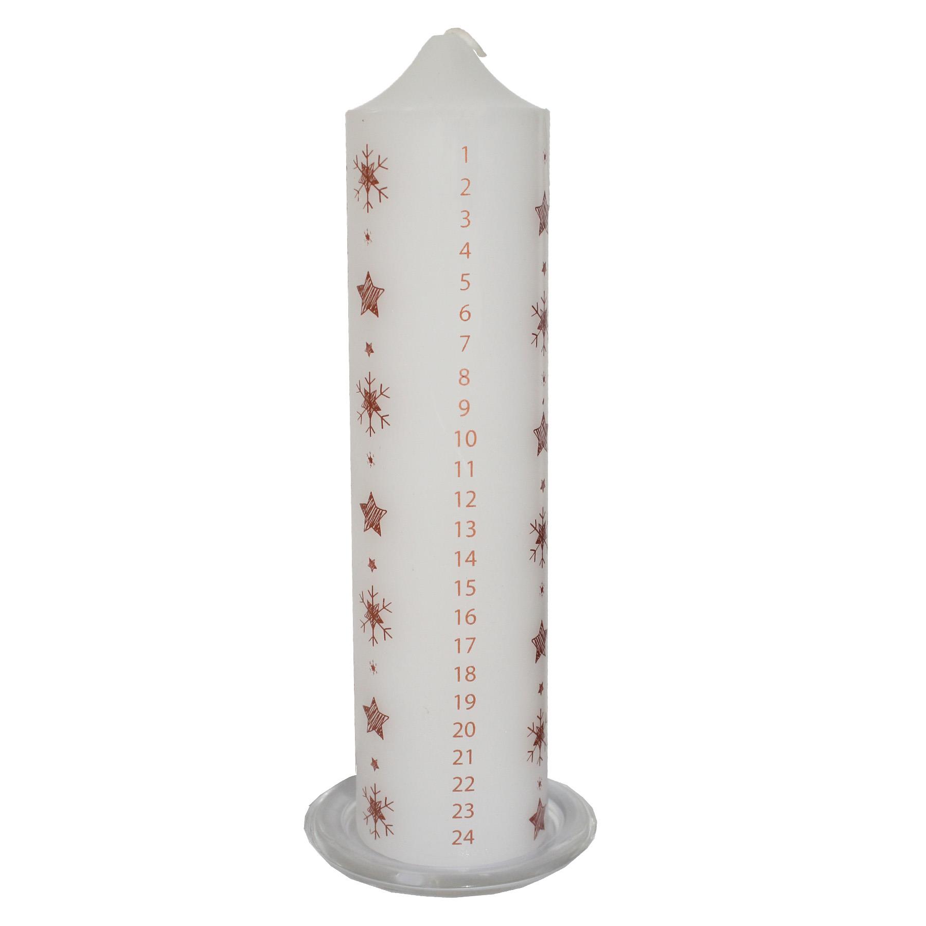 20cm Christmas Advent Candle with Snowflake Image on Glass Tray - White / Rose Gold